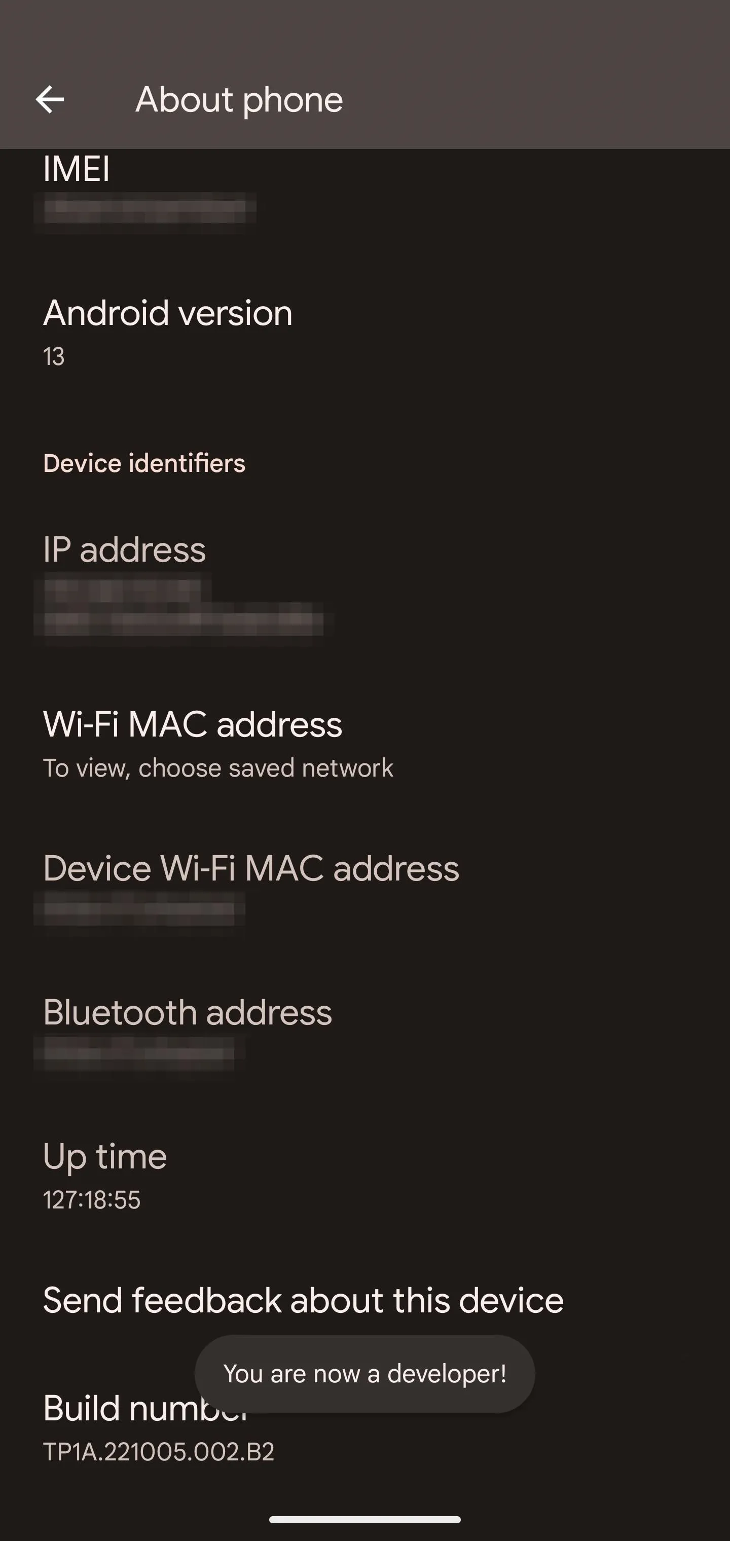 Device settings overview on a mobile device.