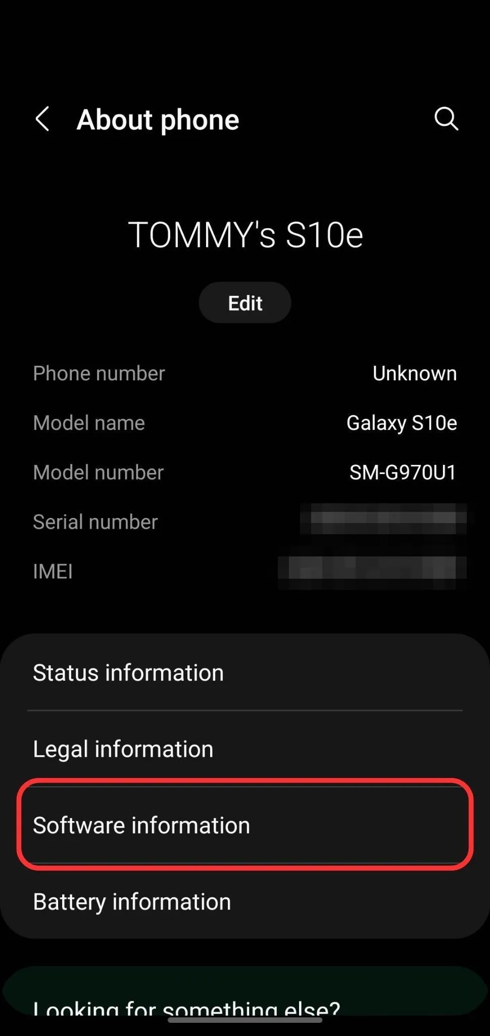 About phone screen from a Samsung Galaxy S10e displaying software information.