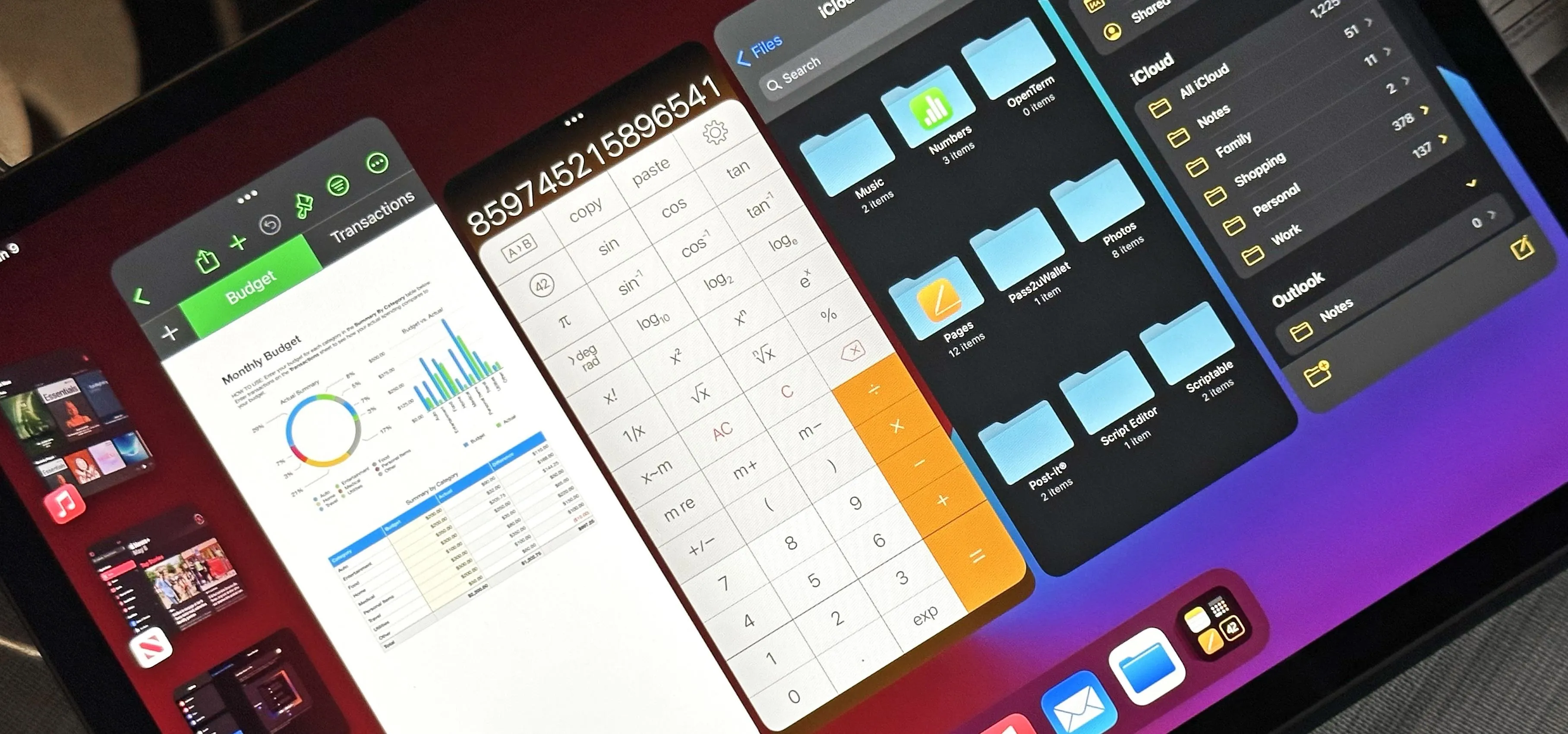 Multitasking view on a tablet displaying a spreadsheet, data charts, and file folders.