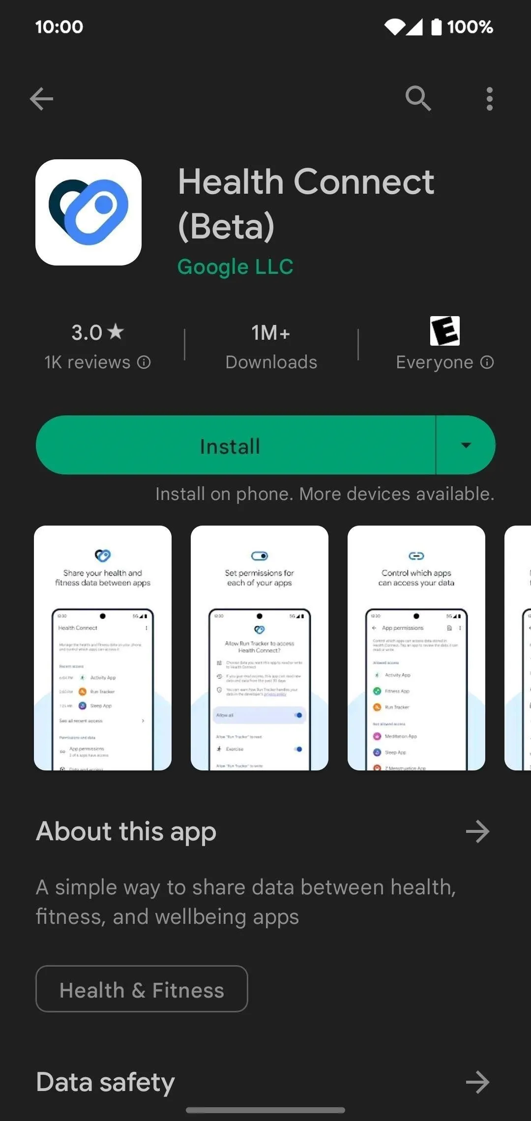 Health Connect app download page with screenshots and features showcased.