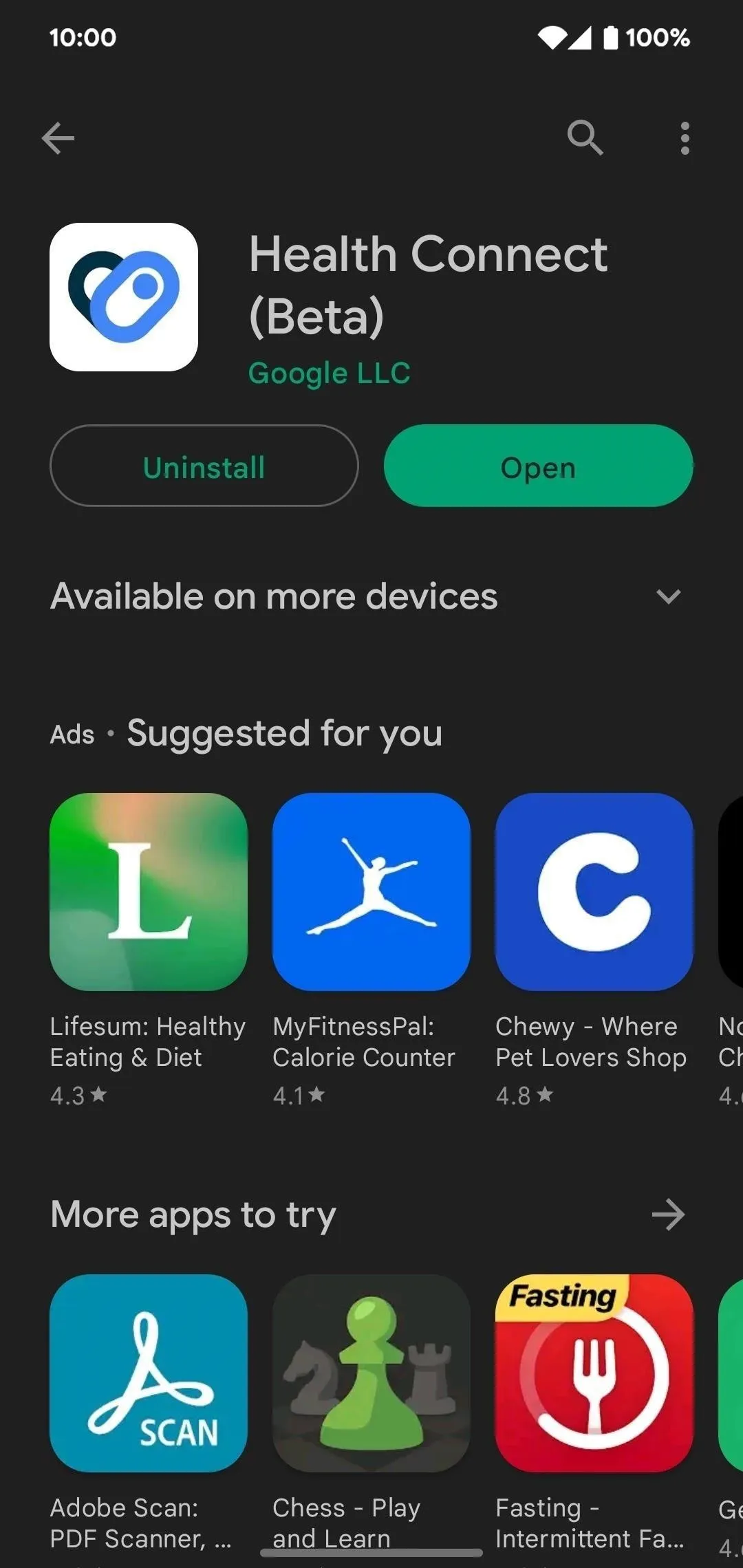 Health Connect app on a mobile device screen, featuring a selection of suggested apps.