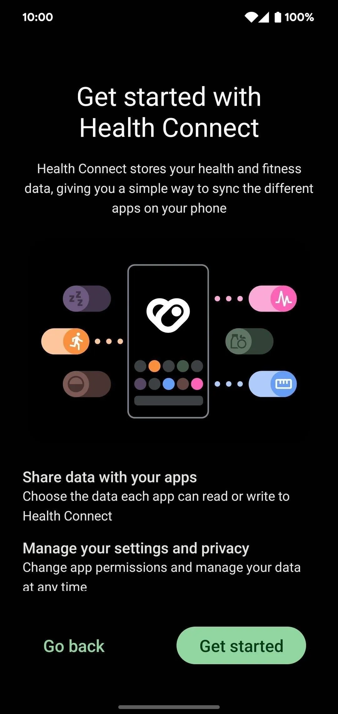 Health Connect app interface showcasing features like data sharing and privacy management.