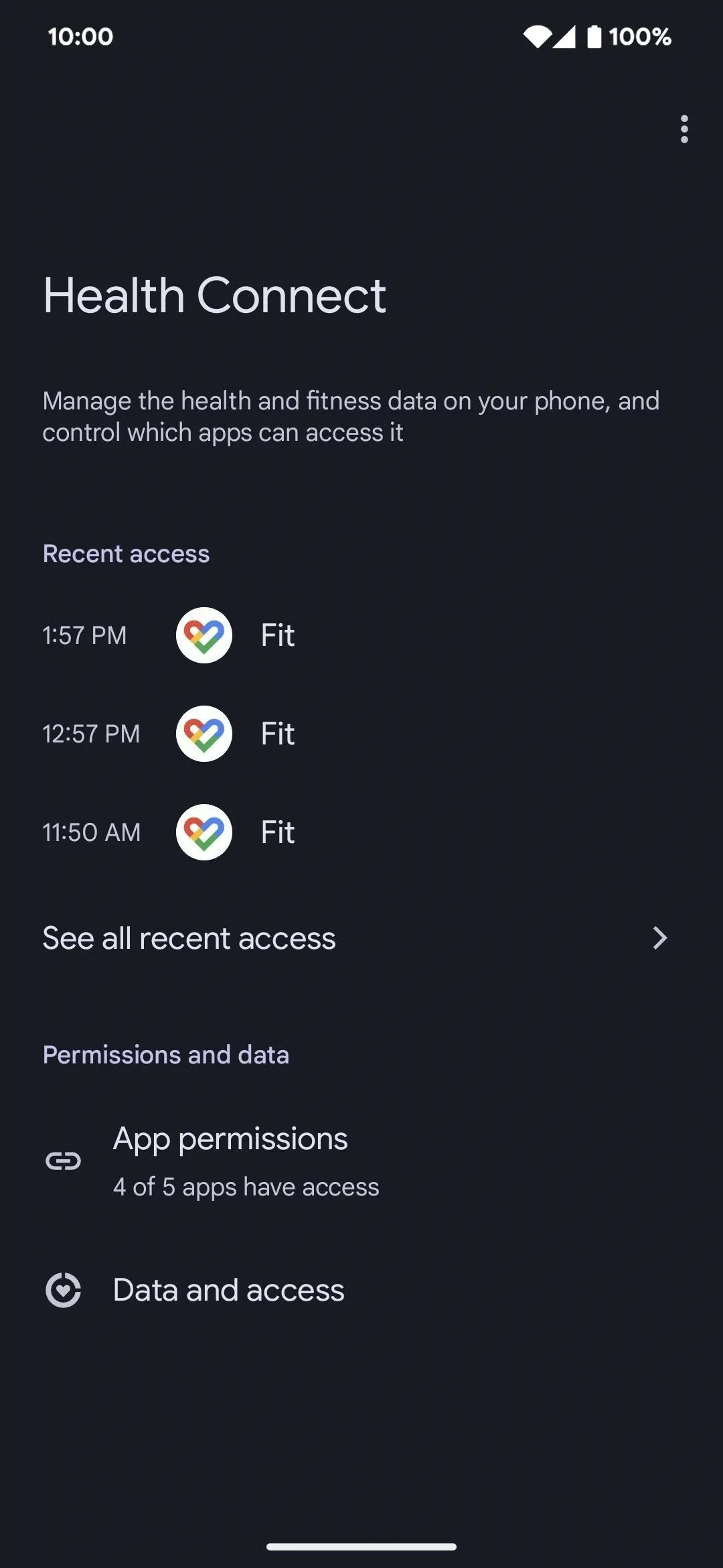 Health Connect app interface showing health metrics and app permissions.