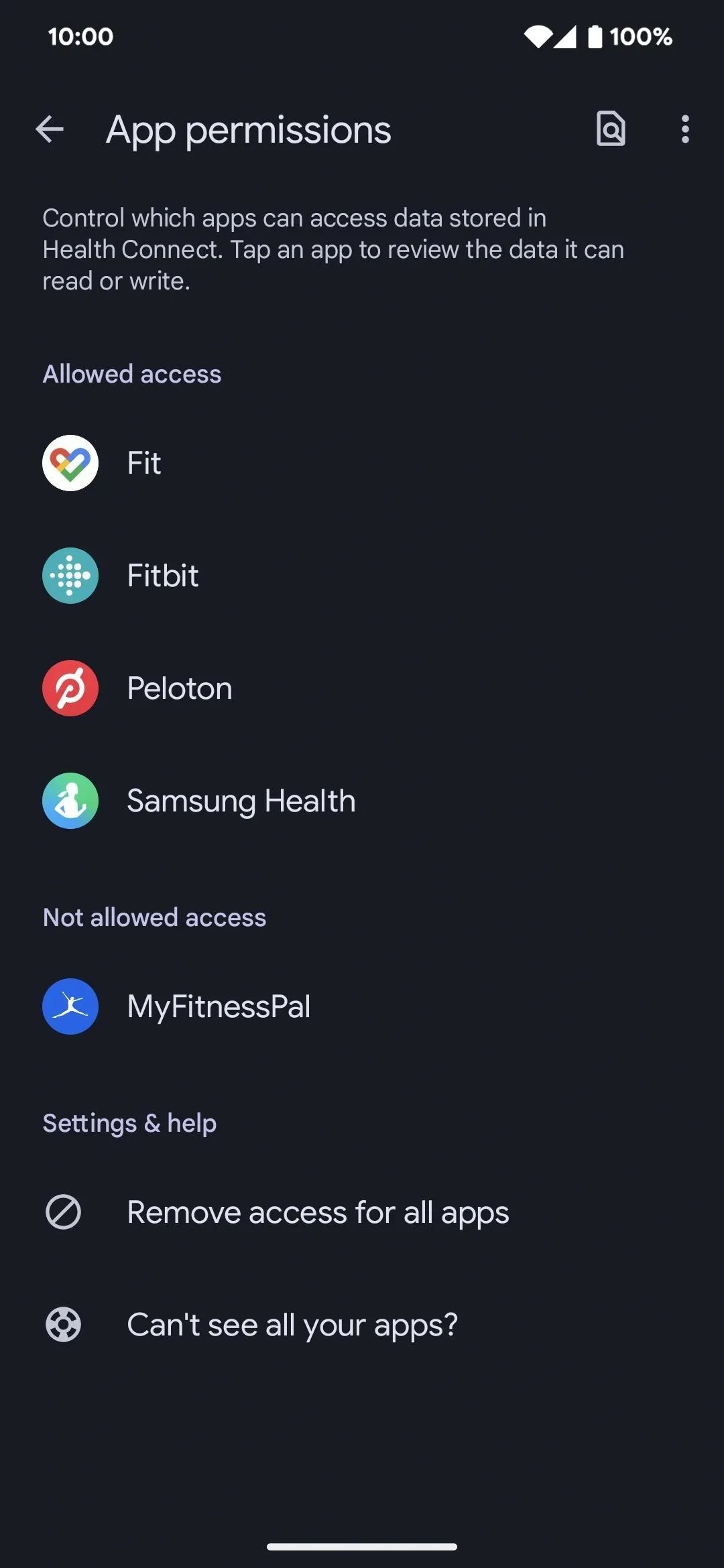 App permissions settings on a mobile device.