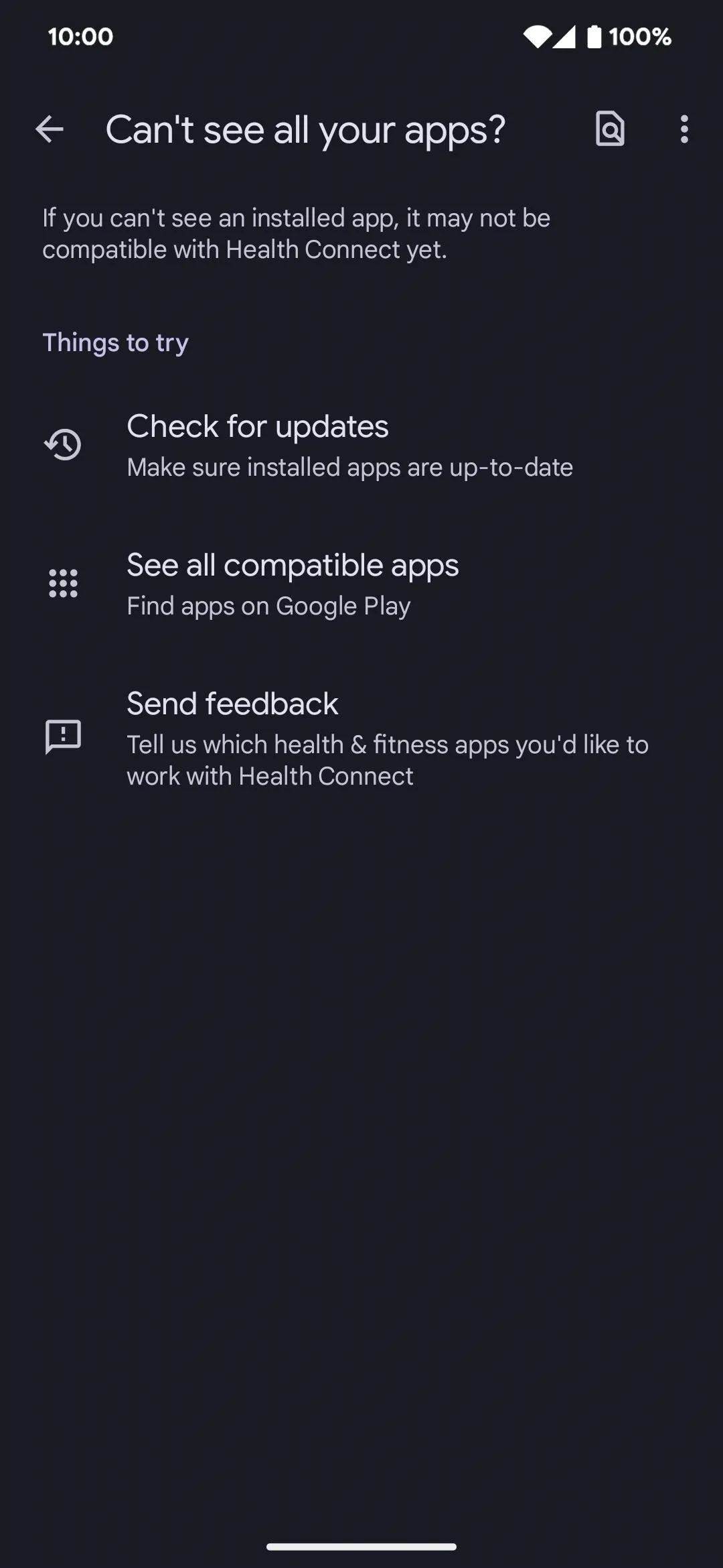 Menu display showing options for checking app updates and sending feedback.