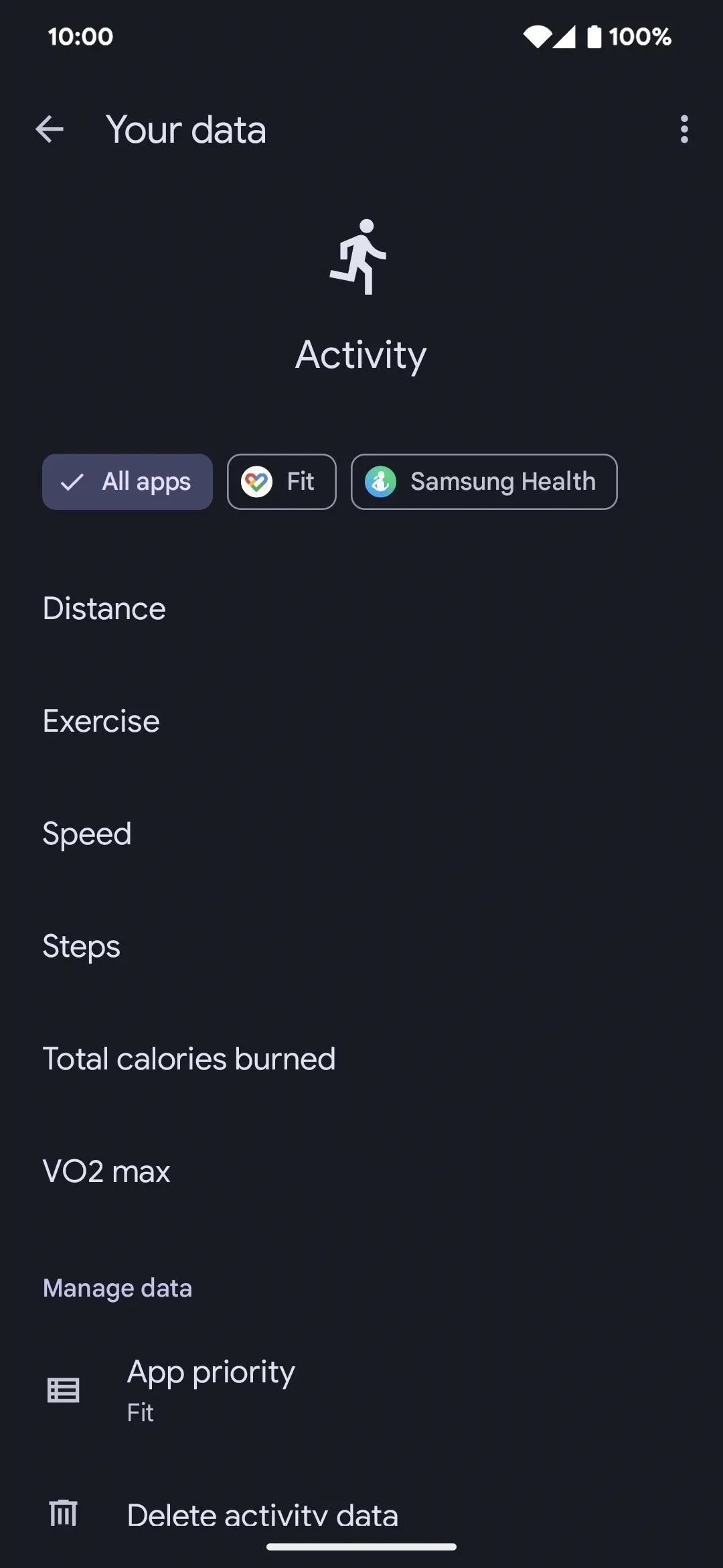 Activity tracking app interface displaying distance, exercise, speed, and calories burned.