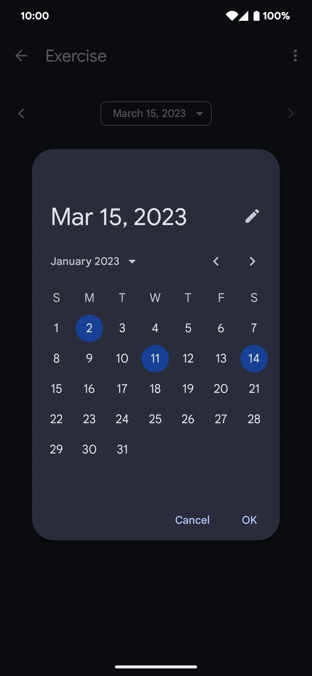 Calendar interface displaying the date March 15, 2023.