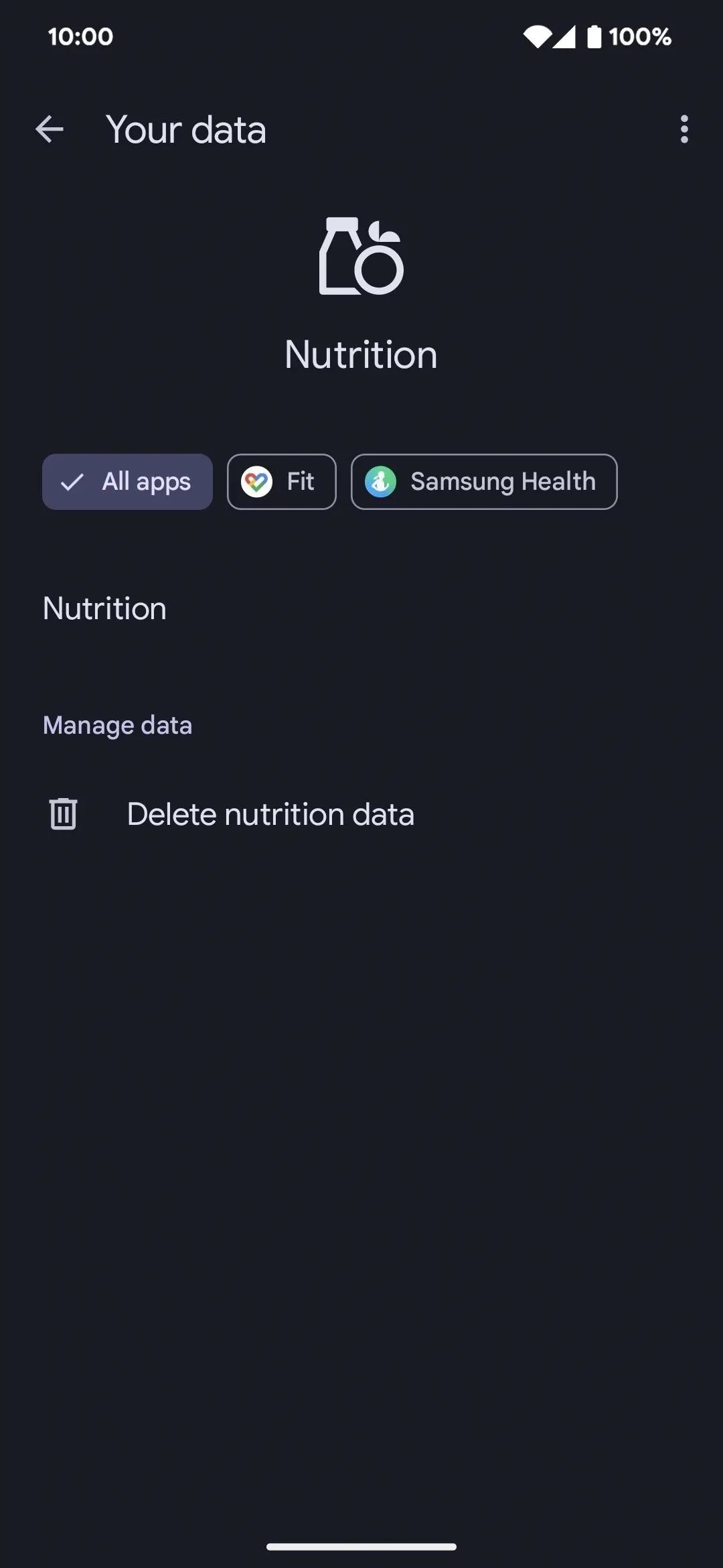 Nutrition settings on a mobile app interface.