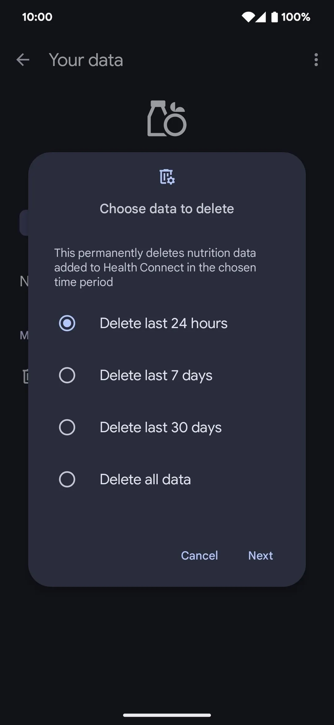 Settings menu for data retention options.