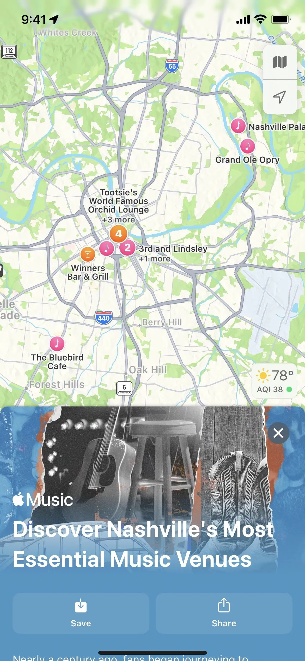 Map displaying various locations with pins and an image related to essential music venues.