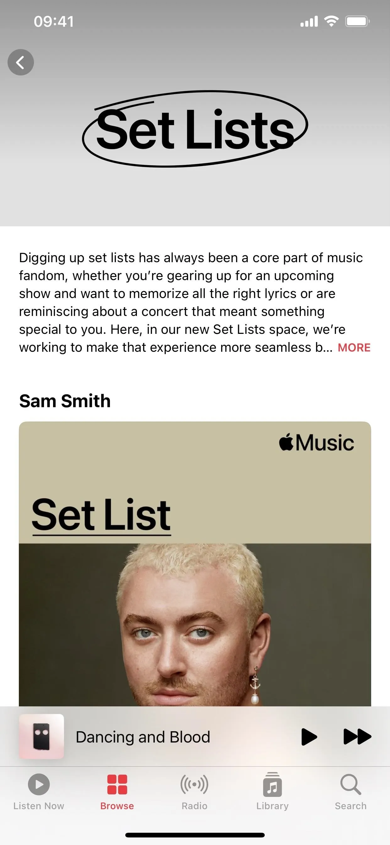 Set List app interface with song list and artist information.