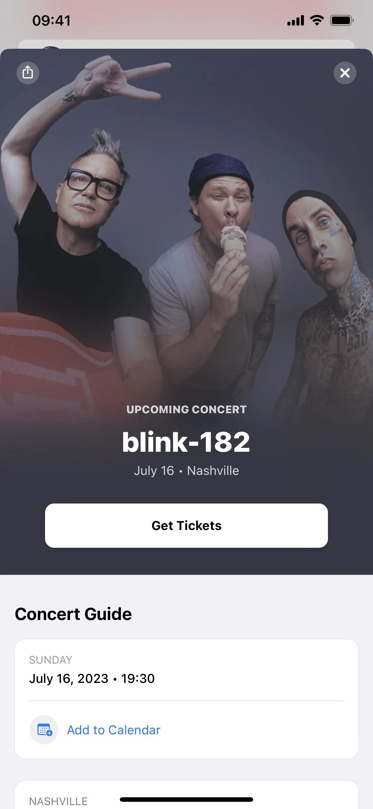 blink-182 concert announcement featuring three band members