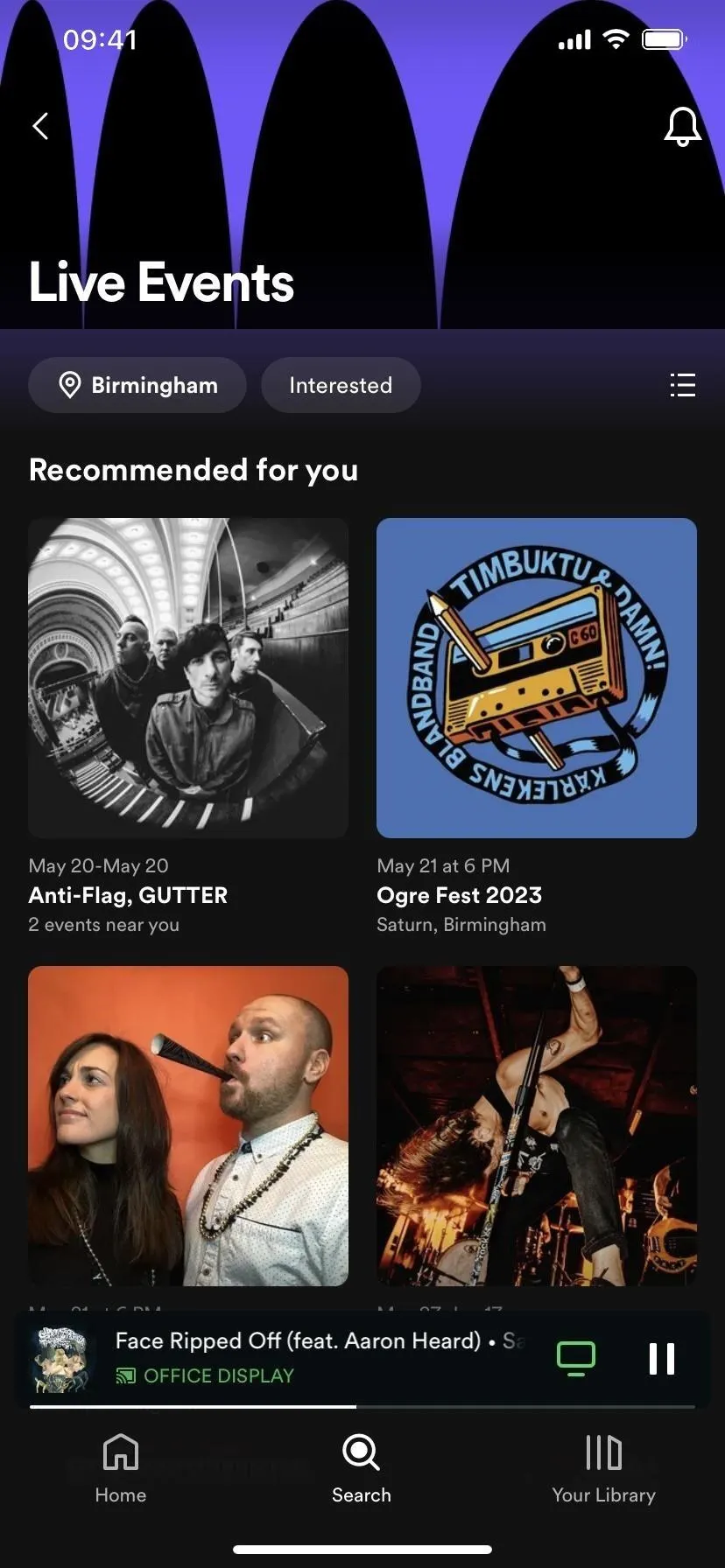 Live events recommendations on a music streaming app with album art.