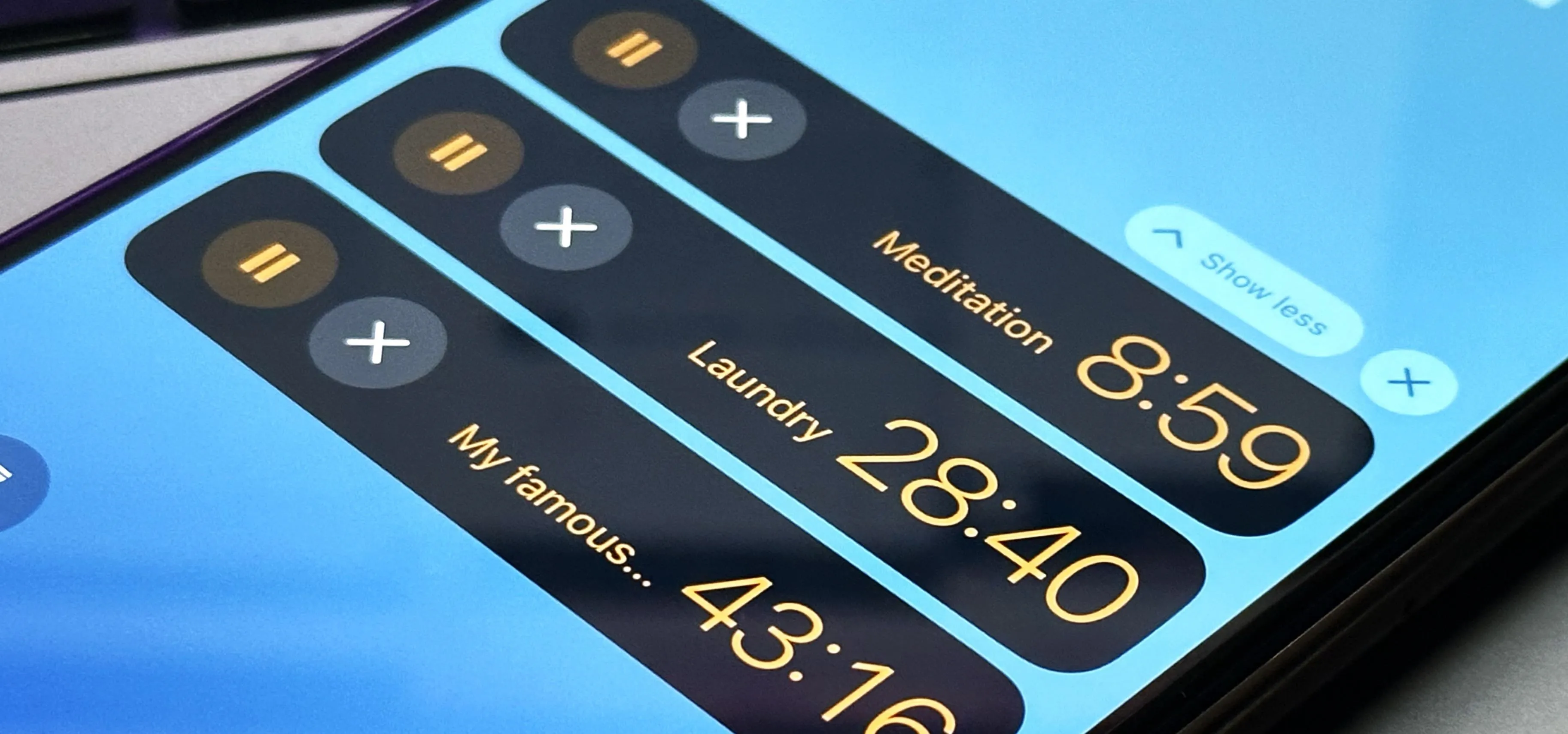 Timer app interface displaying meditation, laundry, and personal timer durations.