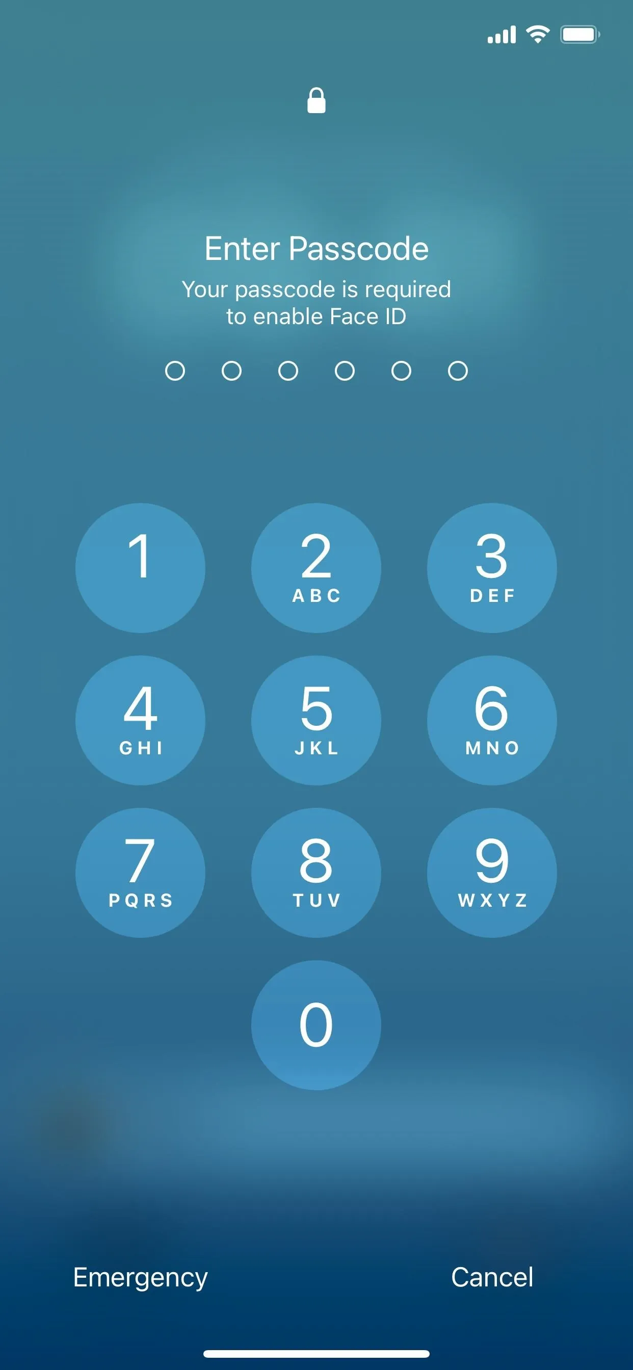 Passcode entry screen with numeric keypad.