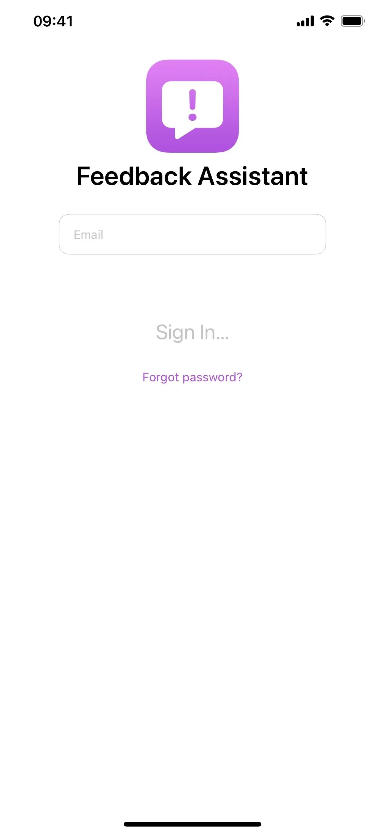 Feedback Assistant login screen on a mobile device.