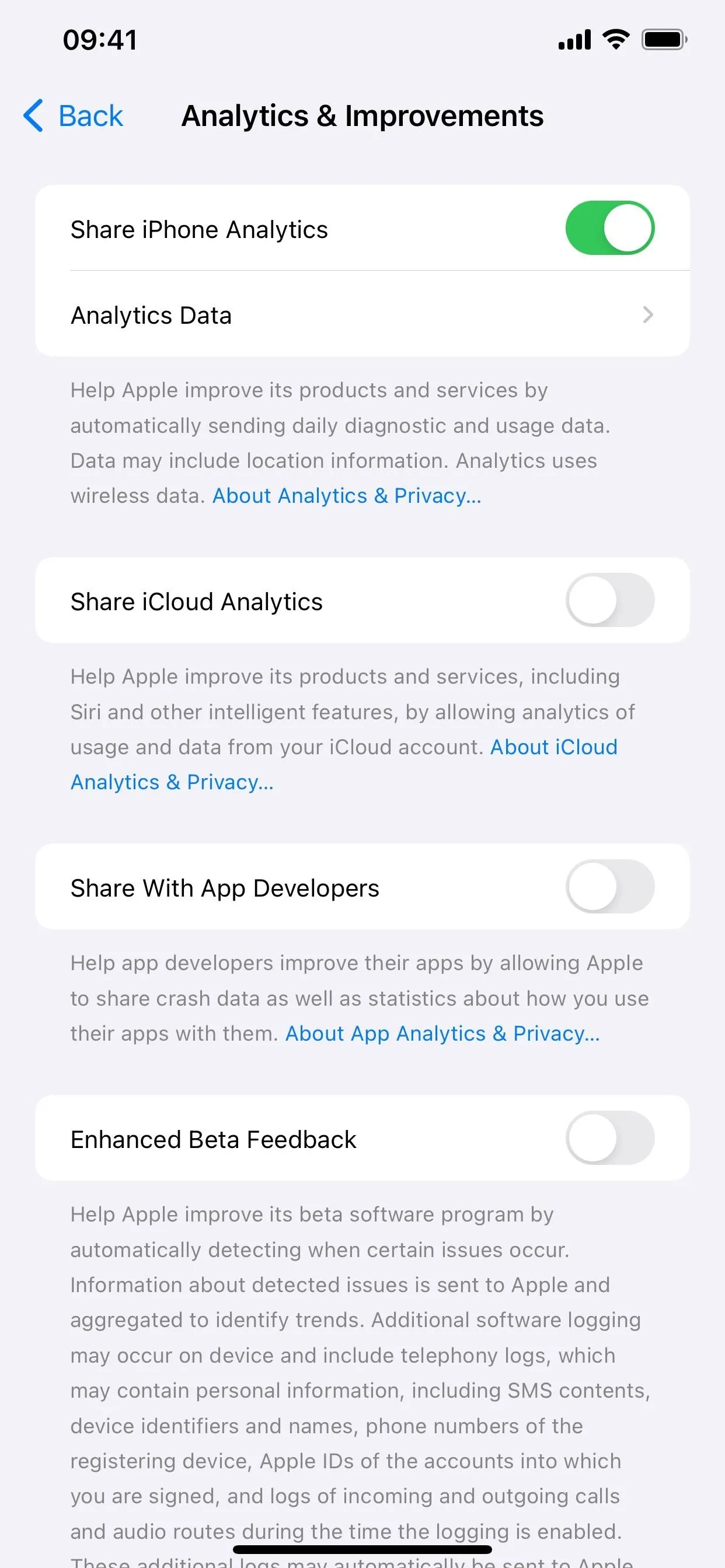 Settings menu for analytics and visual enhancements on a mobile device.