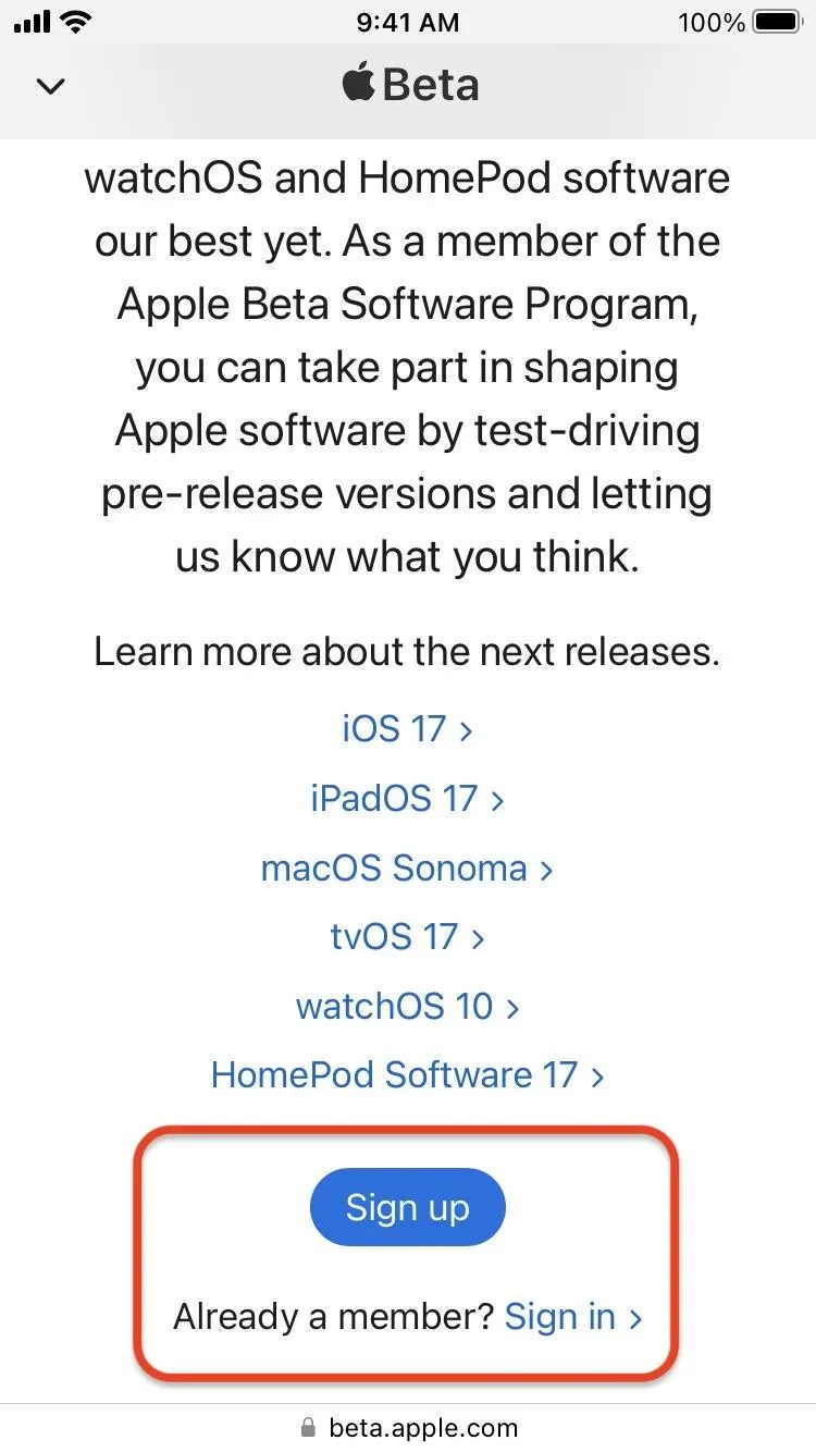 Apple Beta Software Program page with information on iOS versions and sign-up option.