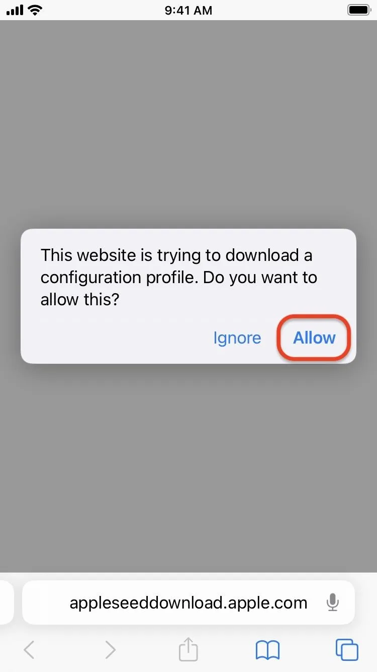 Popup message asking for permission to download a configuration profile on a mobile device.