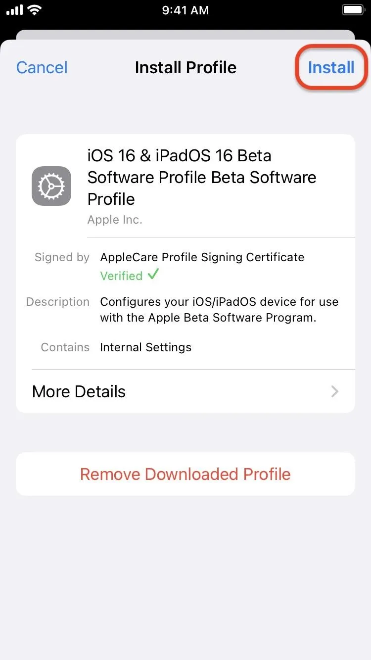 iOS software profile installation screen with options to cancel or install.