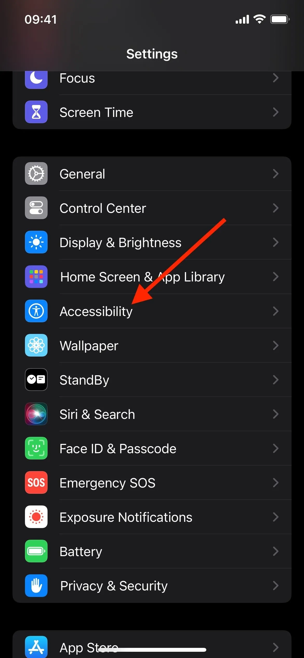 Accessibility settings in a mobile application menu with an arrow indicating a specific option.