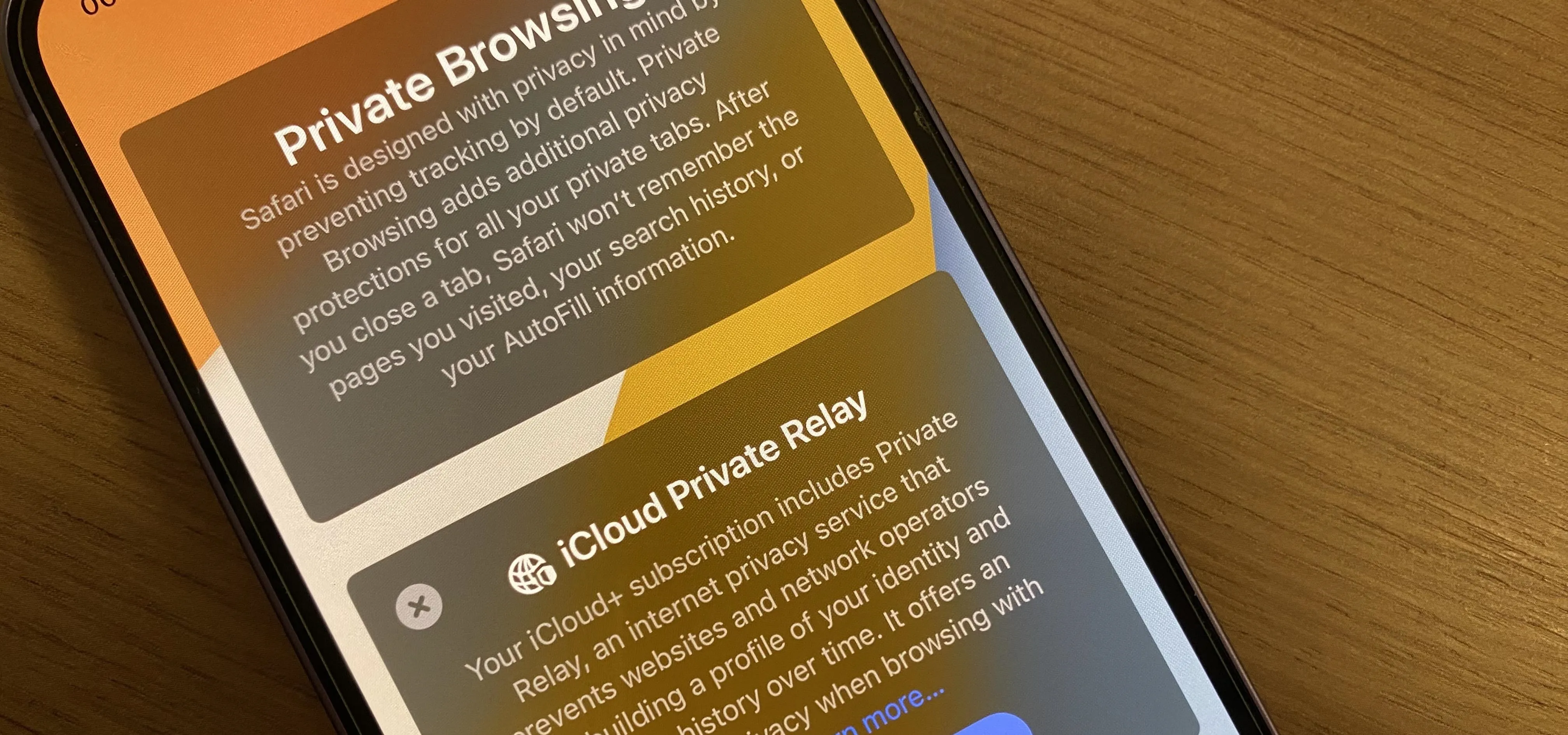 Smartphone displaying settings for Private Browsing and iCloud Private Relay.