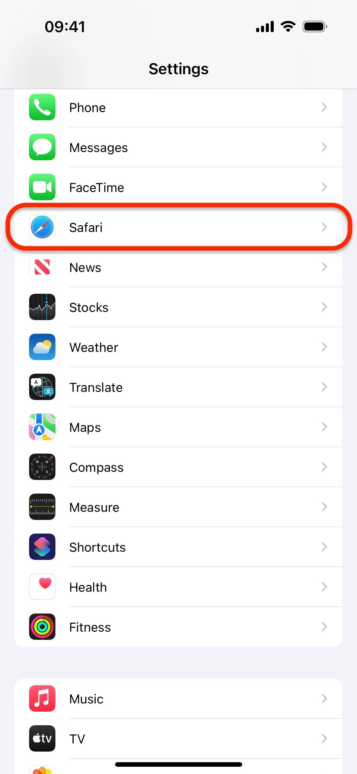 Settings menu on a mobile device highlighting the Safari option.