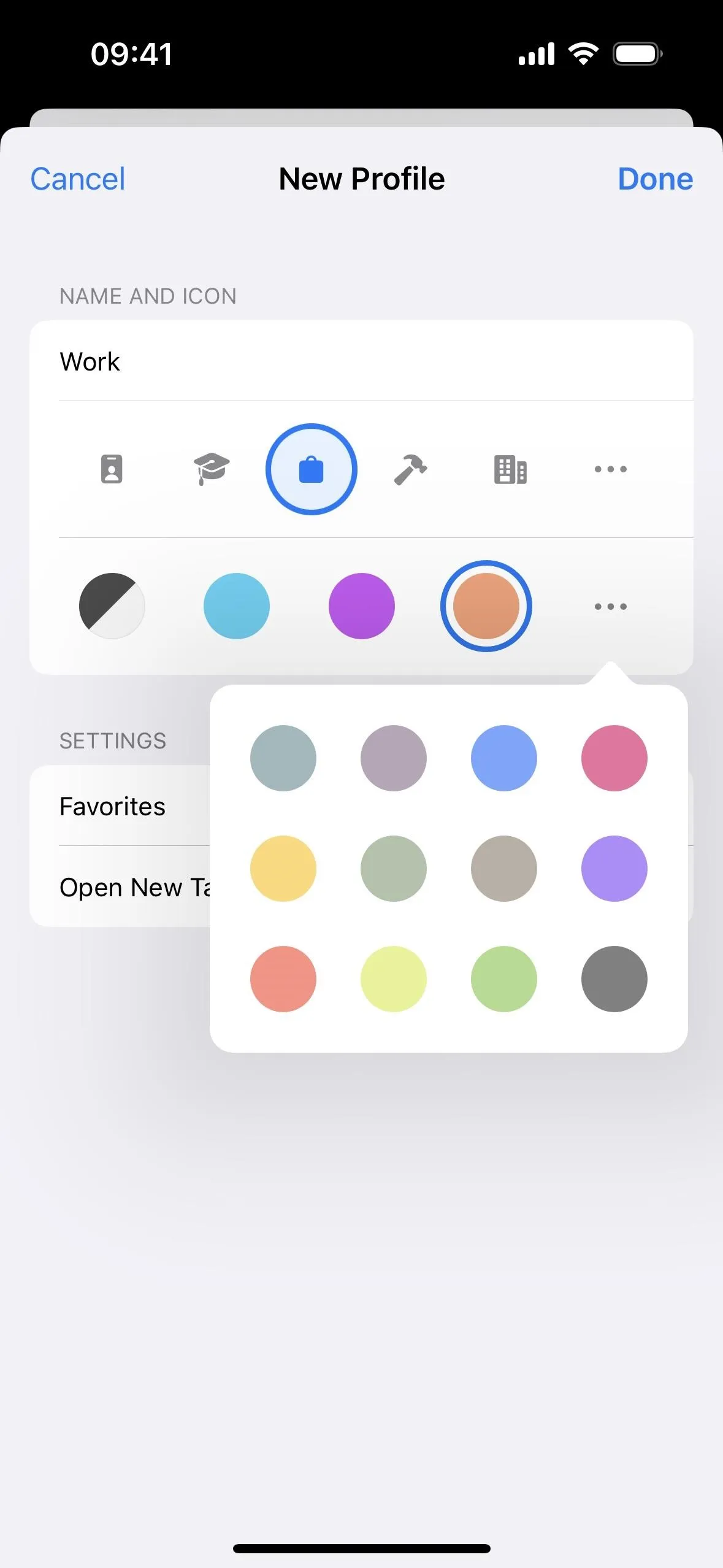 Color selection options for creating a new profile on a mobile app.