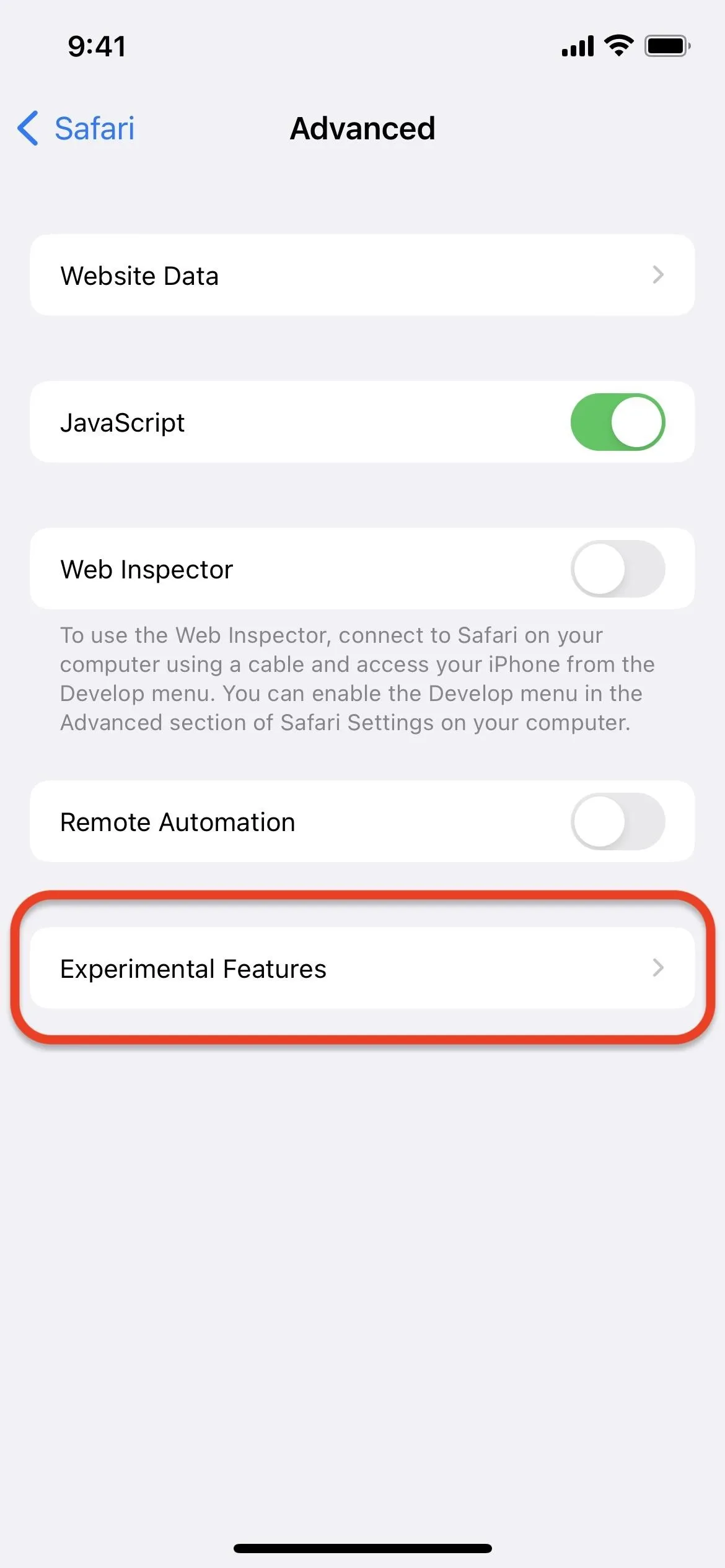 Settings menu showing 'Advanced' options with 'Location Data' and 'Experimental Features' highlighted.