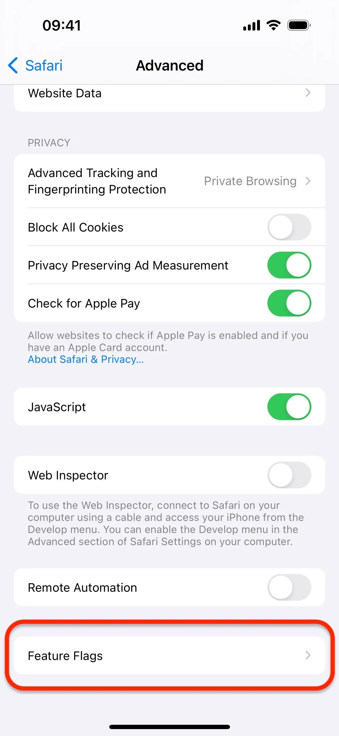 Advanced settings menu on a mobile device showing options related to privacy and tracking.