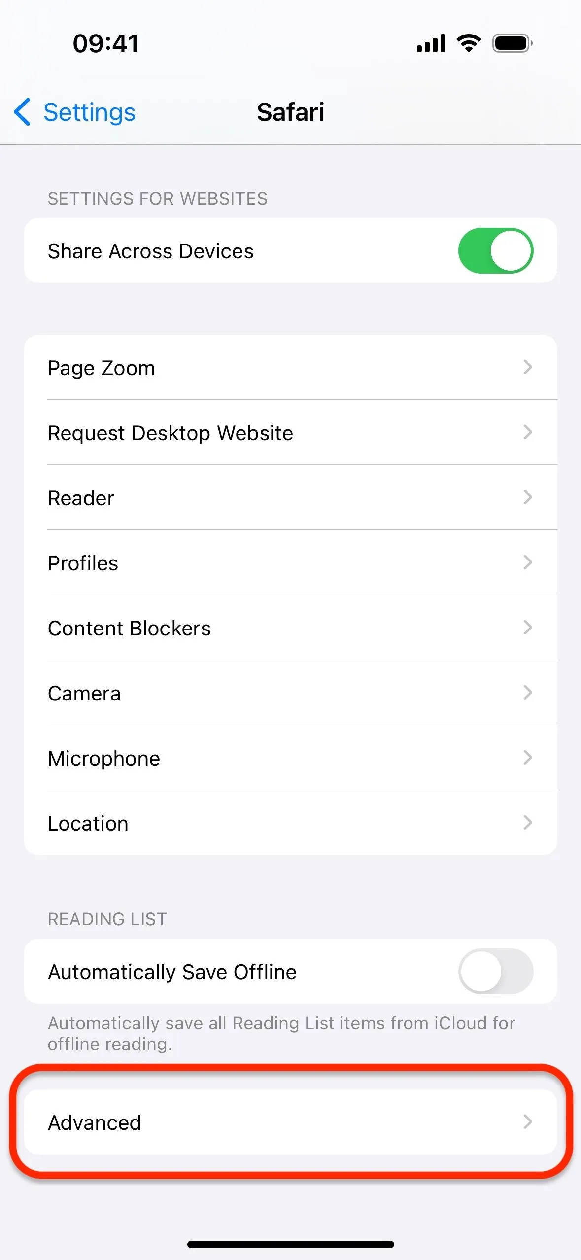 Settings menu on a mobile device displaying options with 'Safari' highlighted.