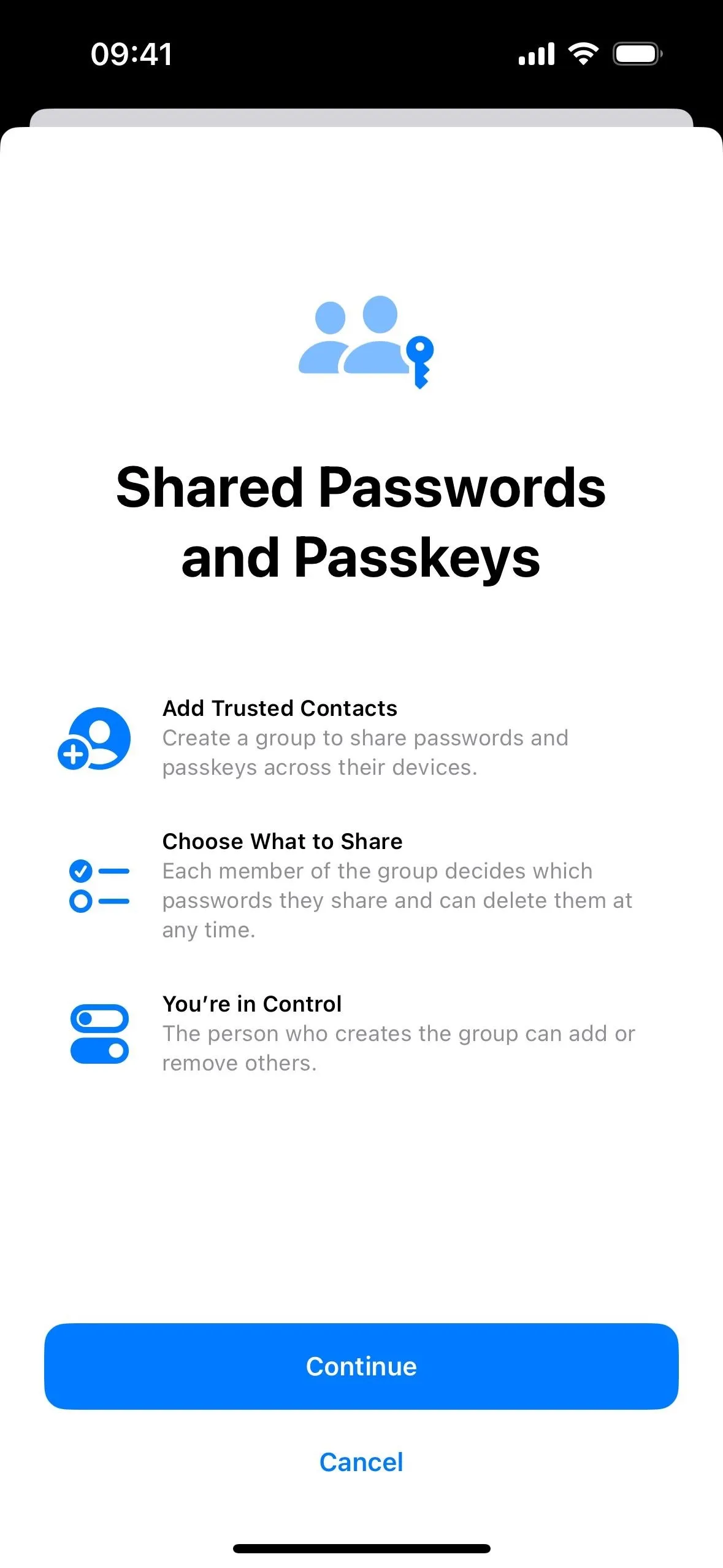 Shared passwords and passkeys setup screen