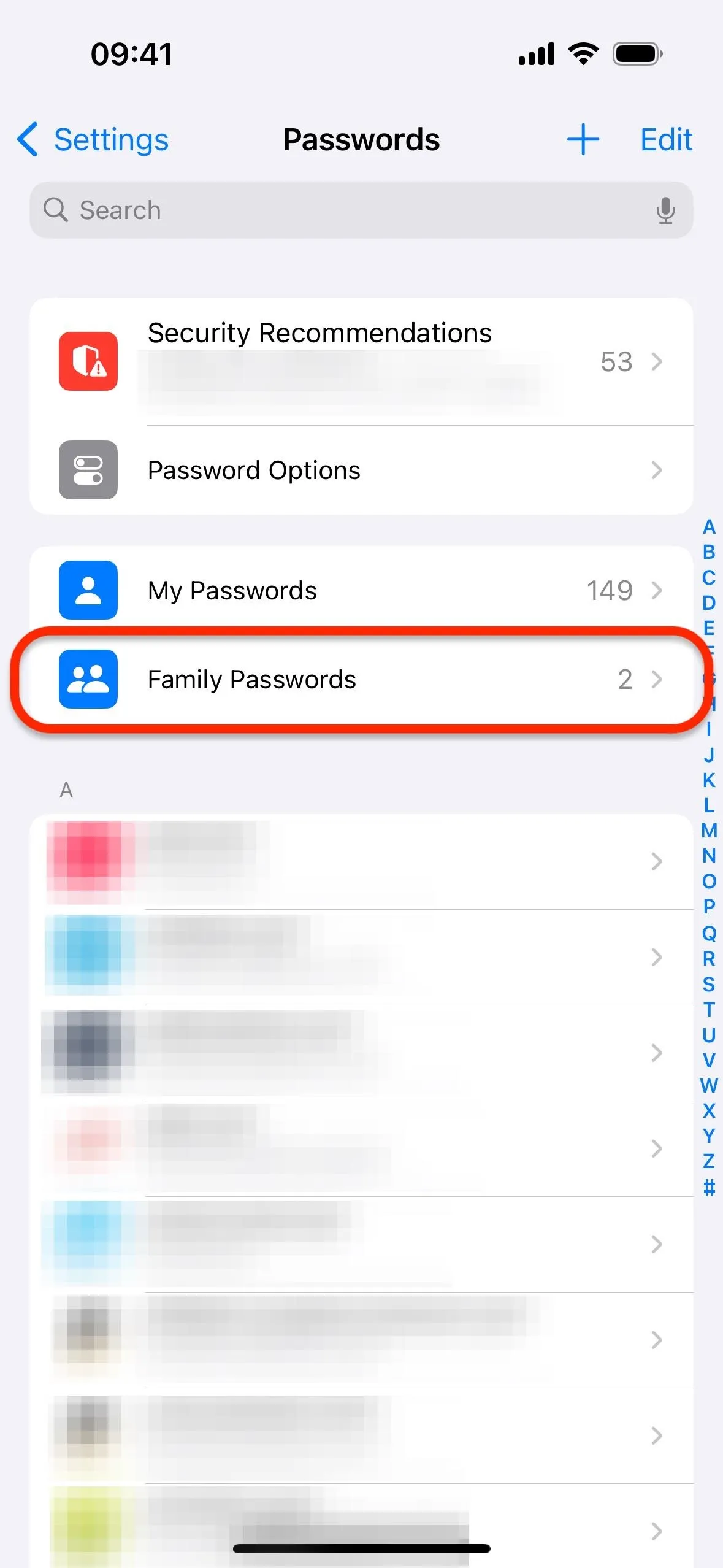 Settings menu displaying password options on a mobile device.