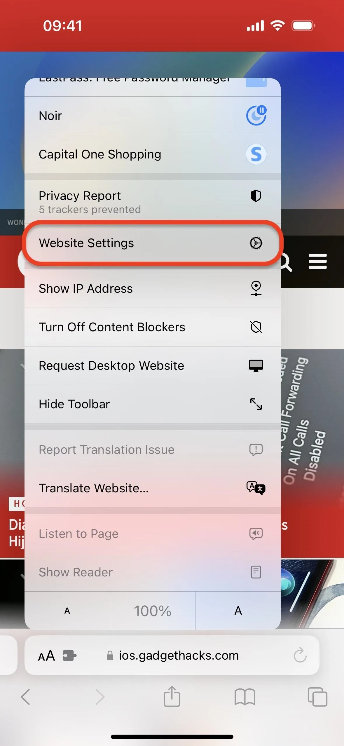 Mobile device settings menu with highlighted 'Privacy Settings' option.