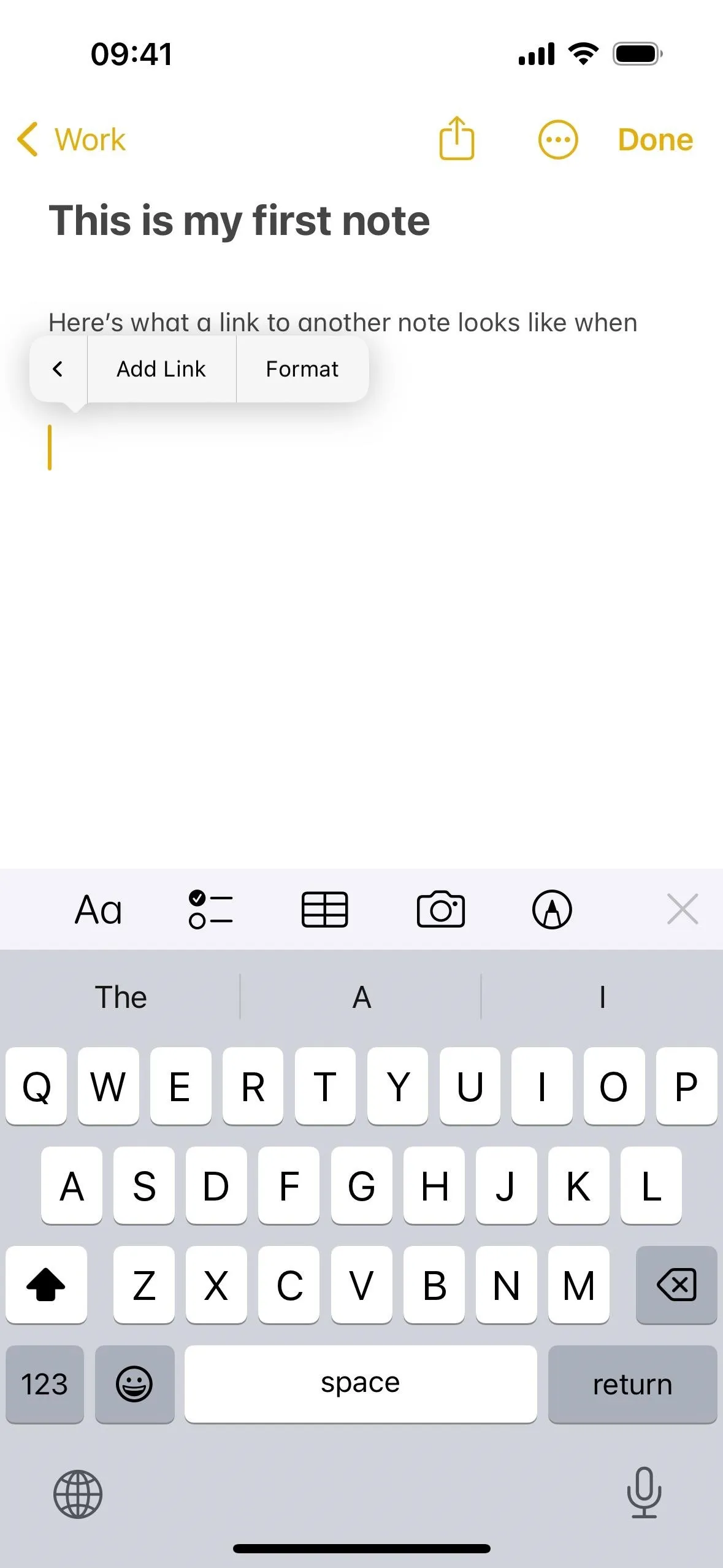 A screenshot of a mobile note-taking app displaying the text "This is my first note."