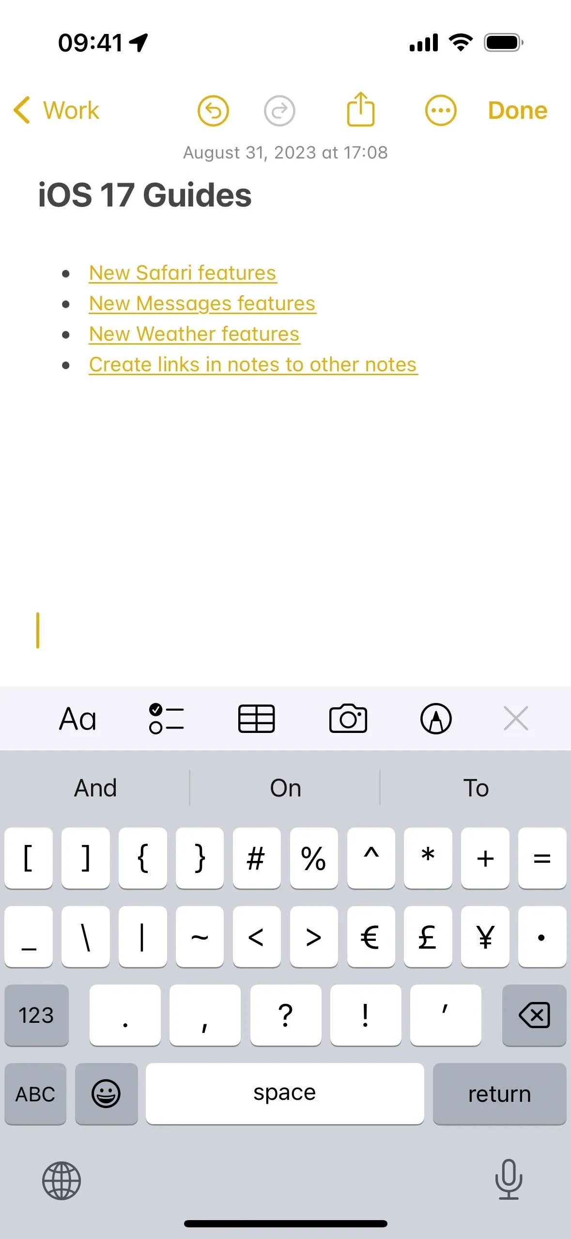 iOS 17 notes on a smartphone screen.