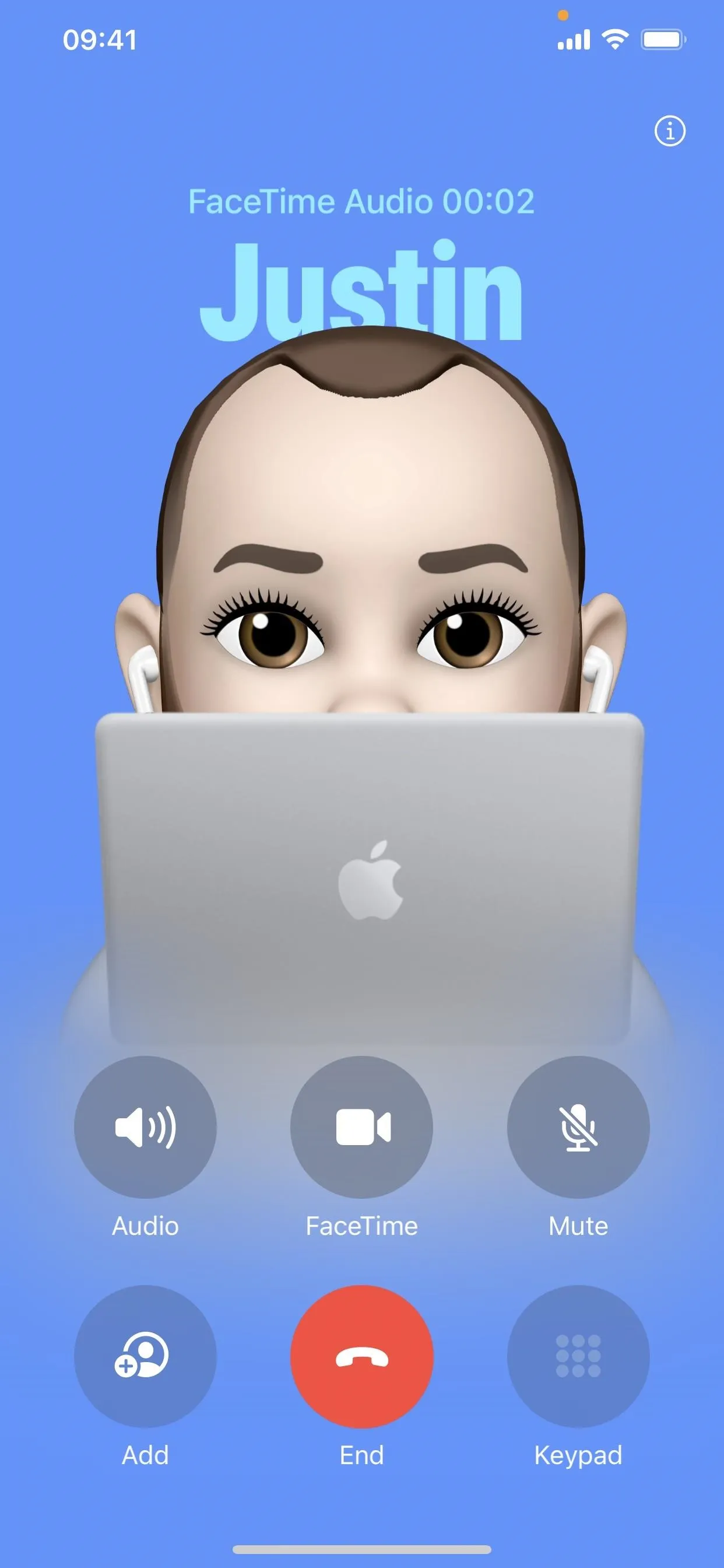 Illustration of a virtual meeting interface with a character named Justin using a laptop.