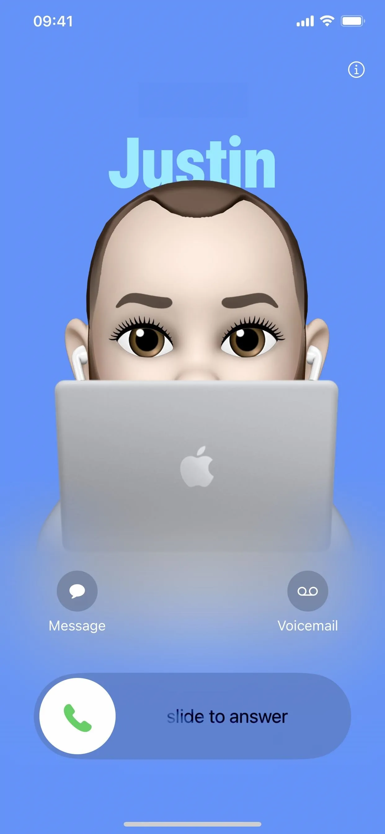 Cartoon avatar of a person using a laptop with a blue background.