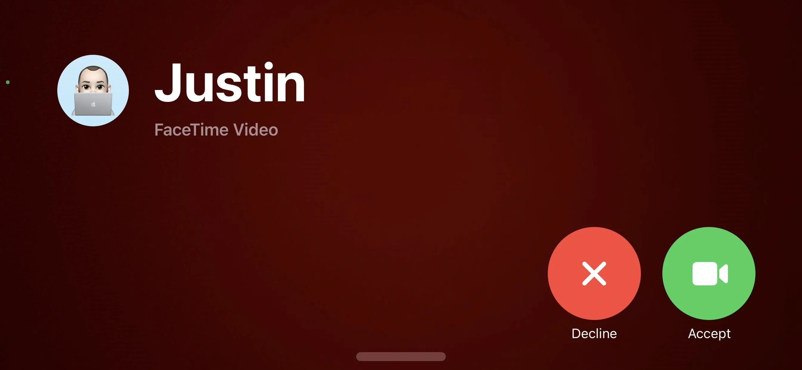 Video call interface showing an incoming call from Justin with options to decline or accept.