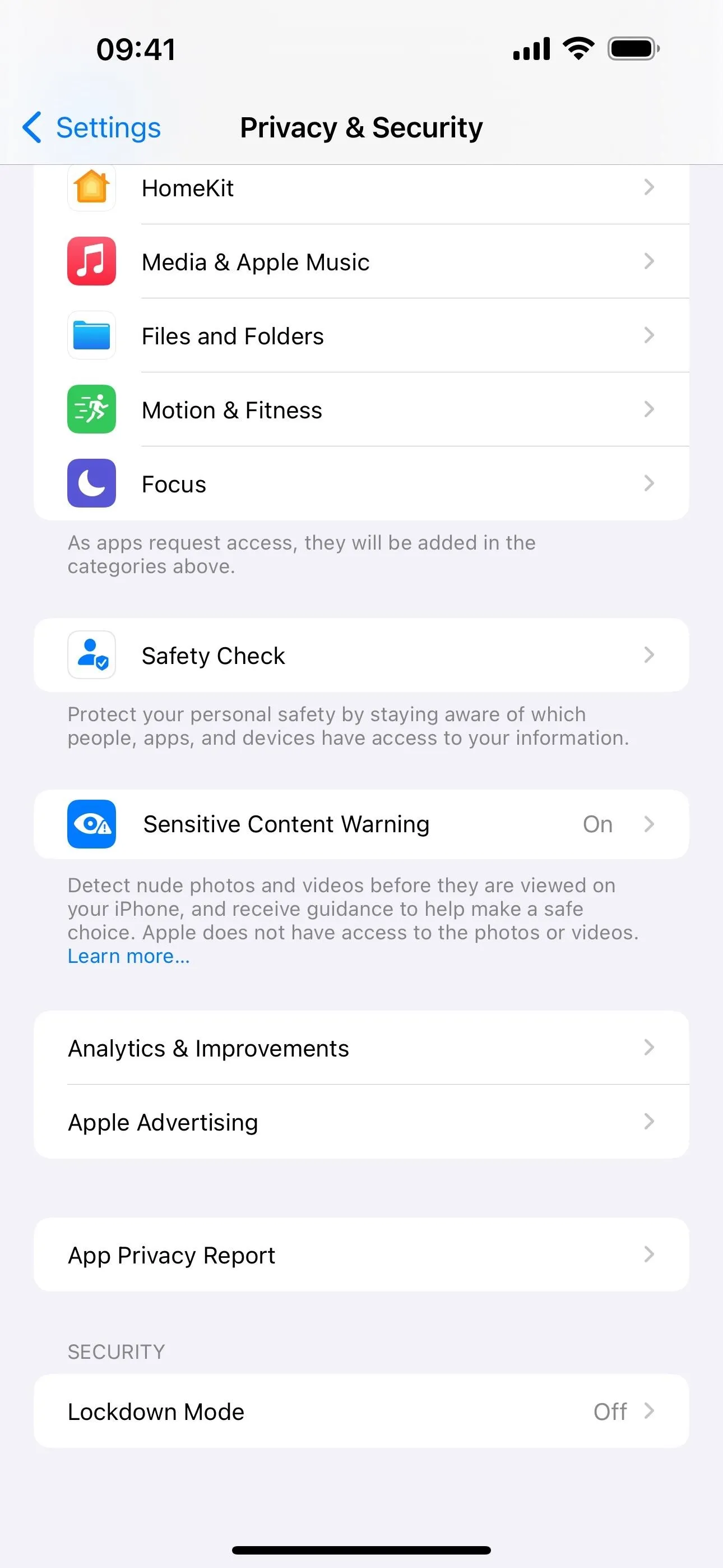 Privacy and Security settings screen on a mobile device.