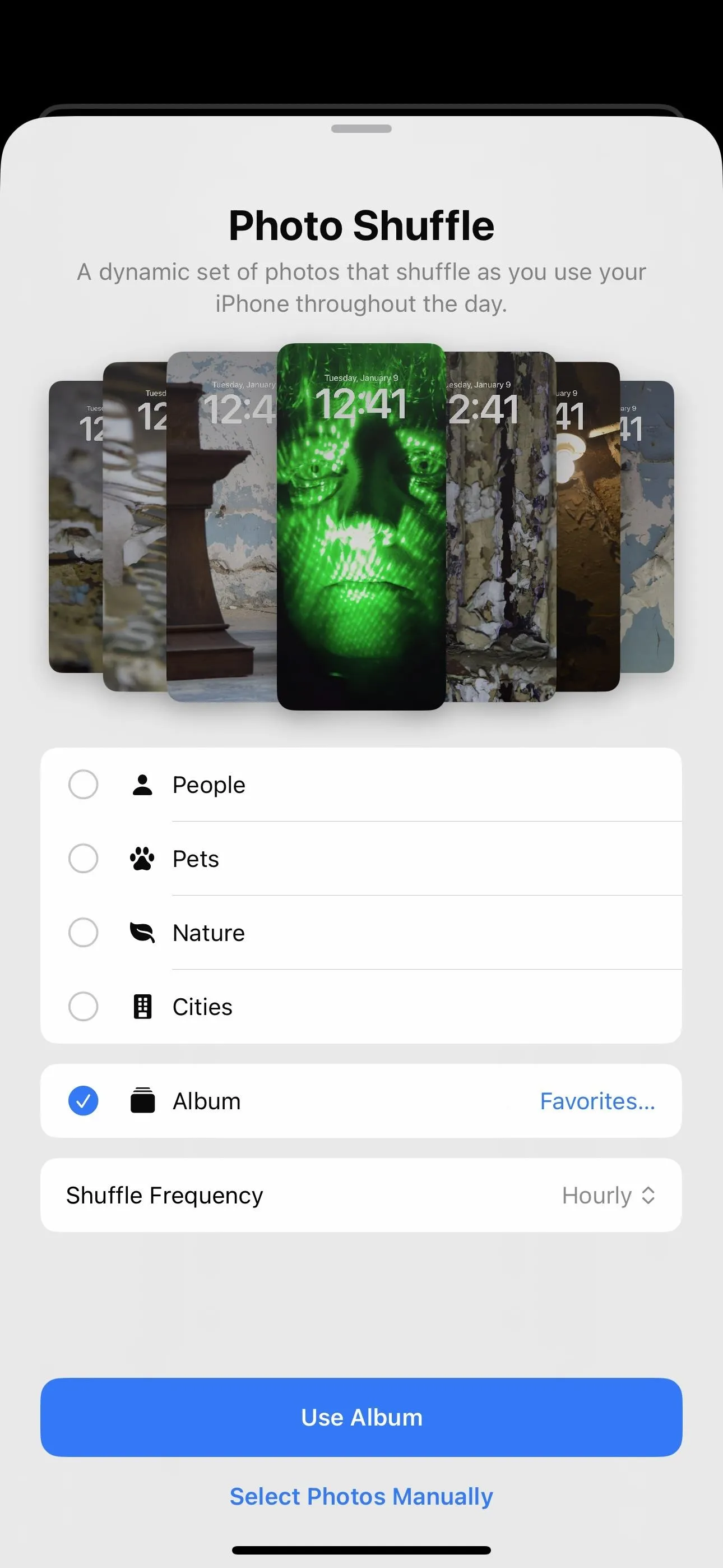 Photo Shuffle interface with card options for customization.