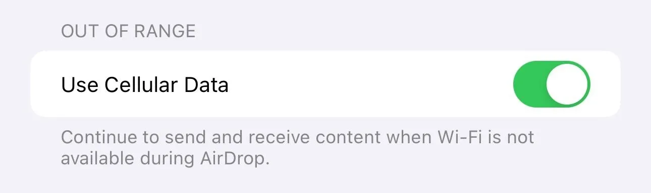 Cellular data toggle option for AirDrop settings.