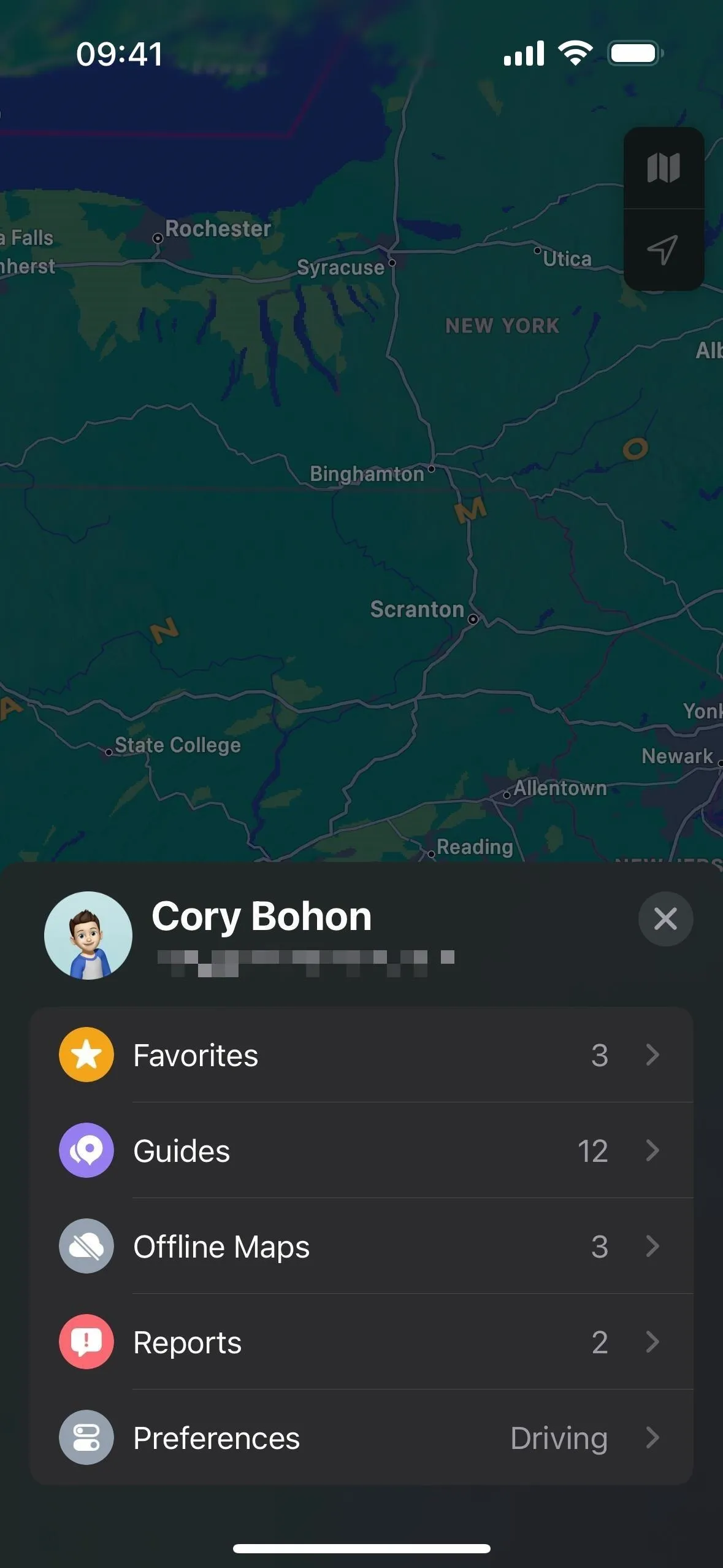 Map interface with user profile and location options displayed.