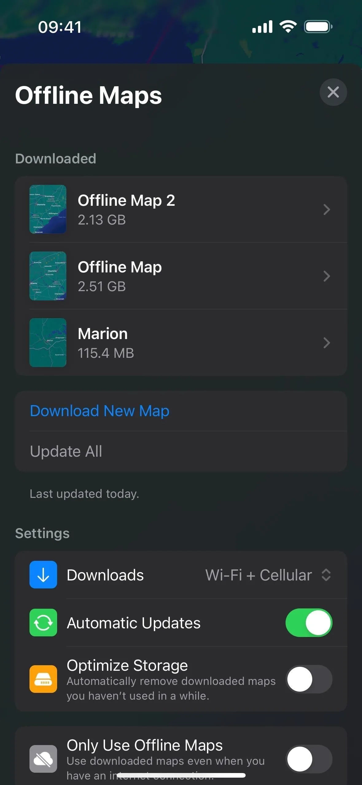 Offline maps settings interface on a mobile device.