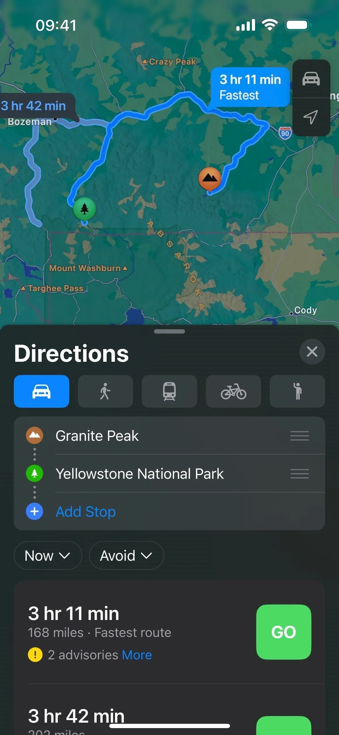 Directions to Grande Peak from a location near Arkansas National Park, showing estimated travel time.