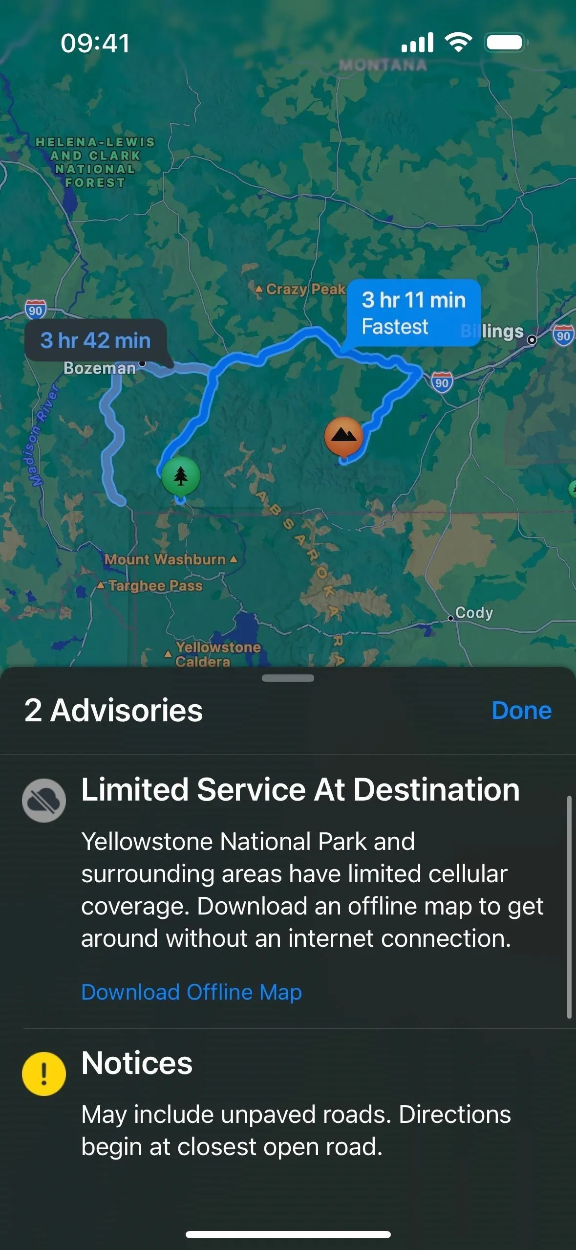 Map showing a route with driving directions and limited service notifications.