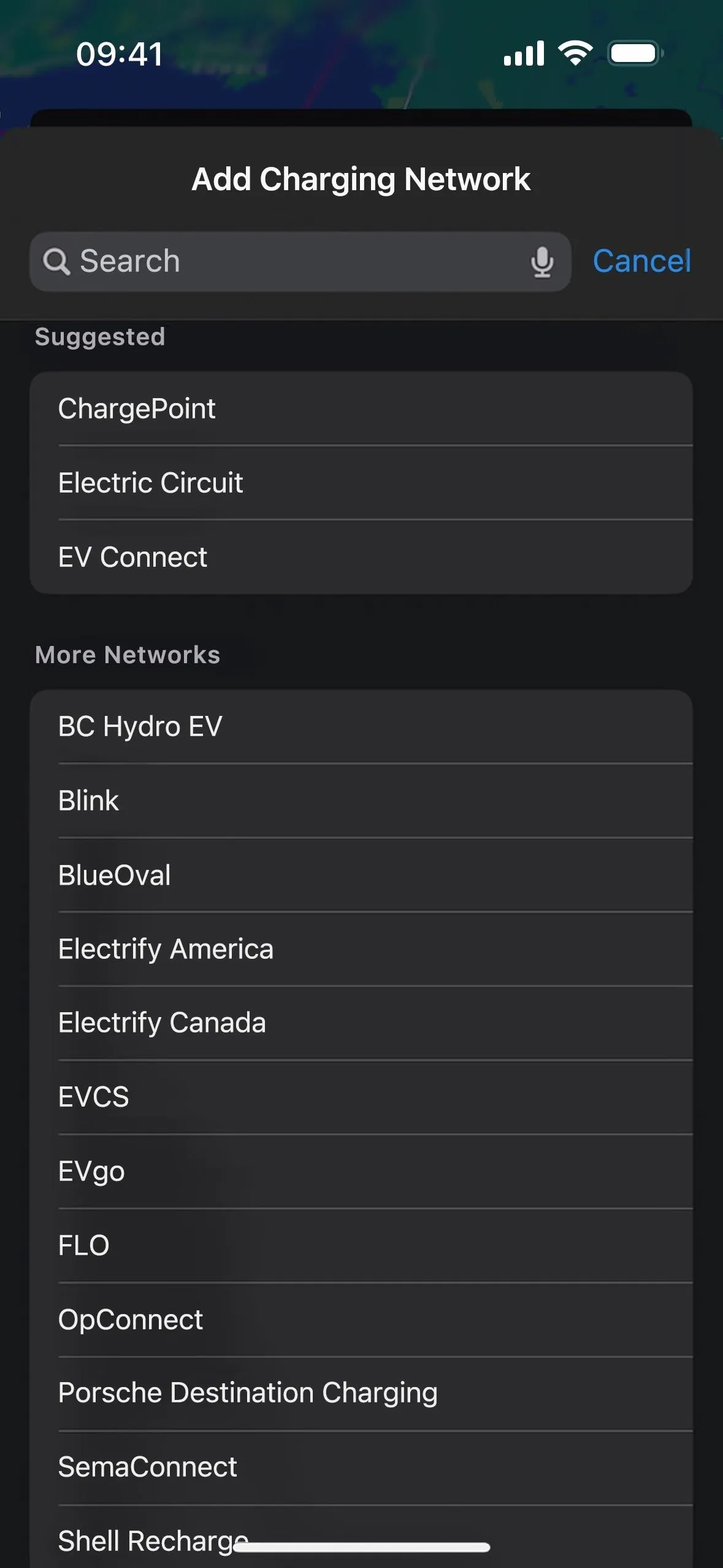 List of available charging networks for electric vehicles on a mobile app interface.