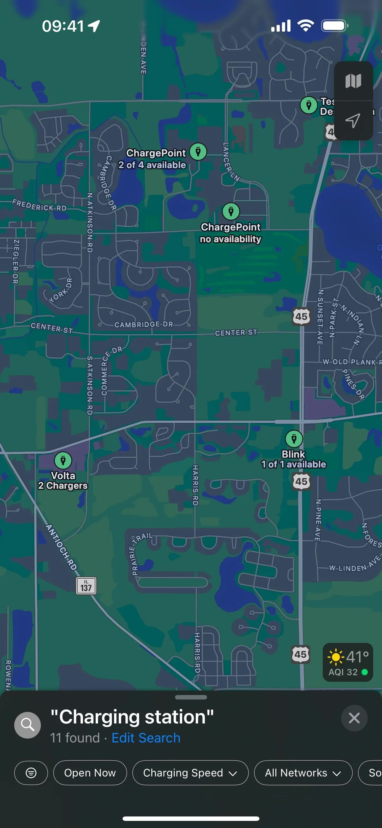 Map view displaying streets and locations in a residential area.