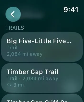 Trail selection screen showing distances to various hiking trails.