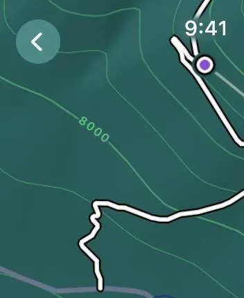 Map showing contour lines and elevation markers in a mountainous area.